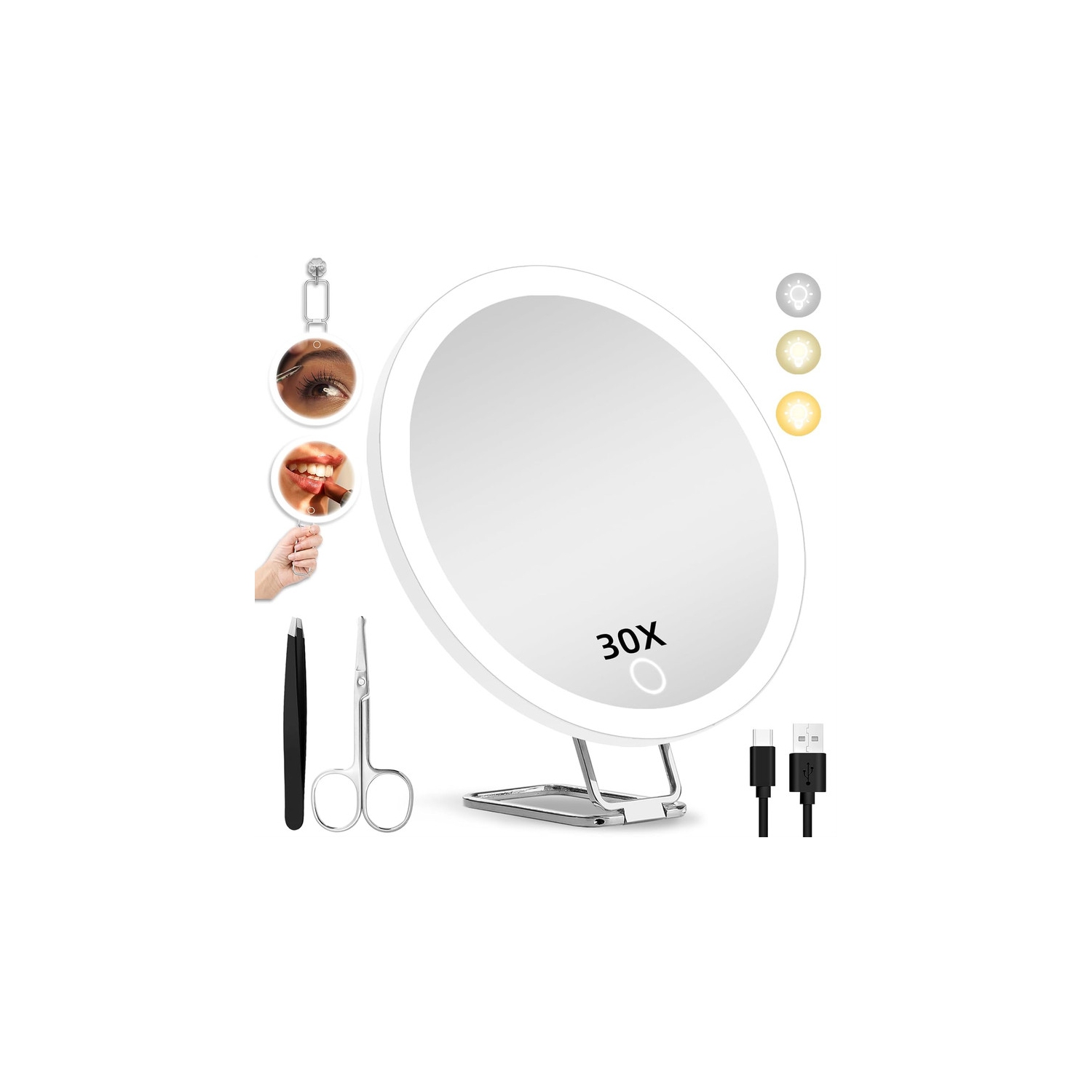 Grand miroir grossissant de 6&nbsp;po avec lumière 30x, miroir de voyage avec grossissement 30x, miroir grossissant 30x avec lumière, ventouse 3 et