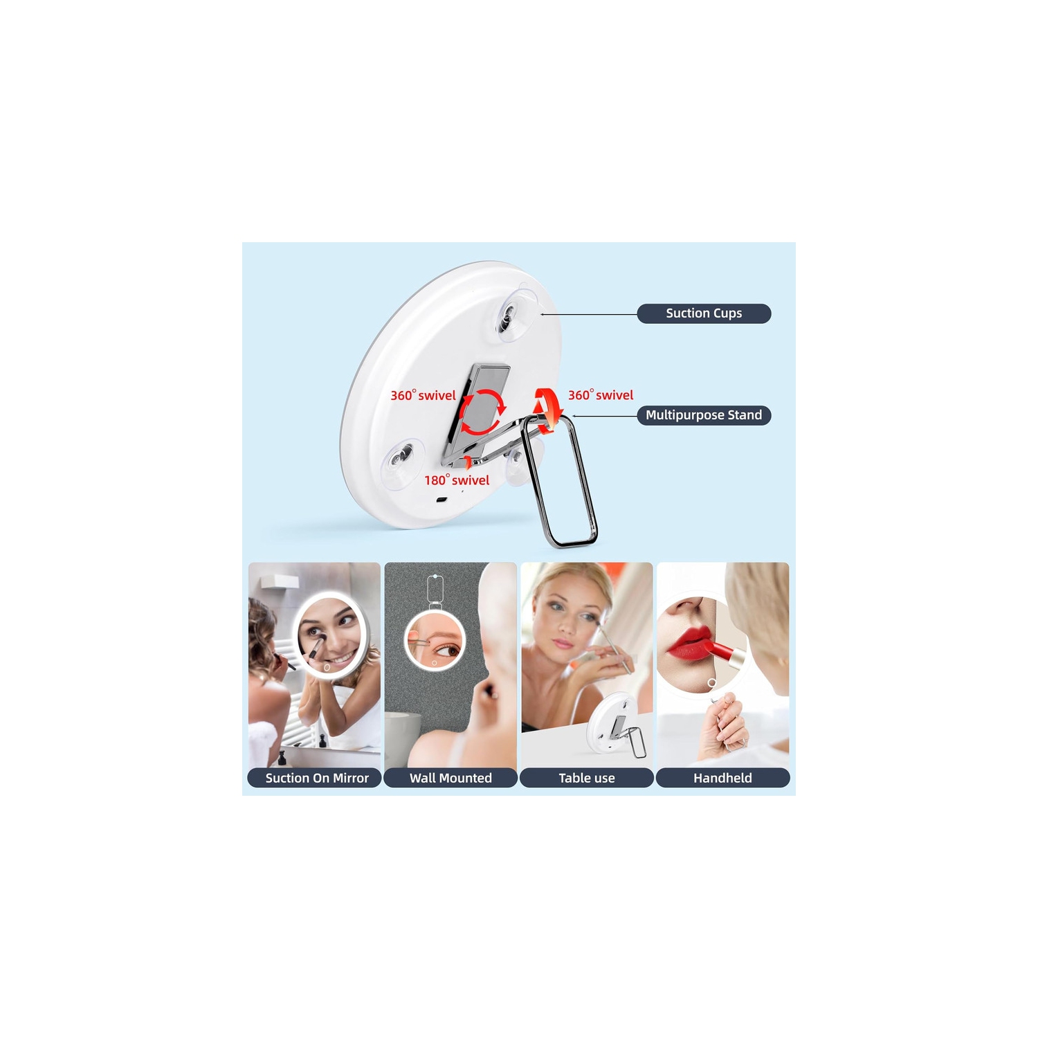 Grand miroir grossissant de 6 po avec lumière 30x, miroir de voyage avec grossissement 30x, miroir grossissant 30x avec lumière, ventouse 3 et