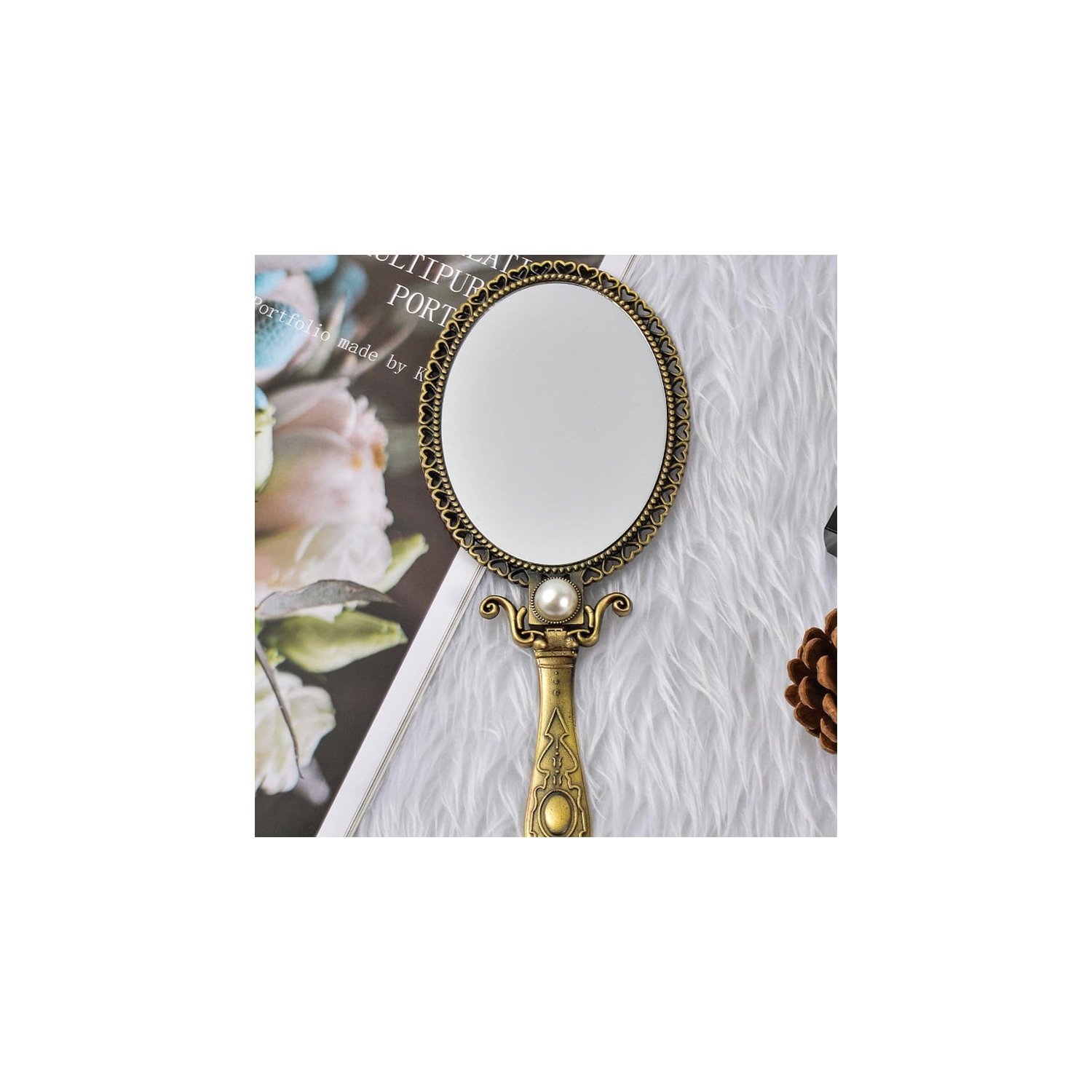 1pc Handheld Vanity Mirror - Antique Metal Hand Mirror Brass Mirror Luxury Metal Handheld Mirror Foldable Cosmetic Mirror for Women Lady Travel Home