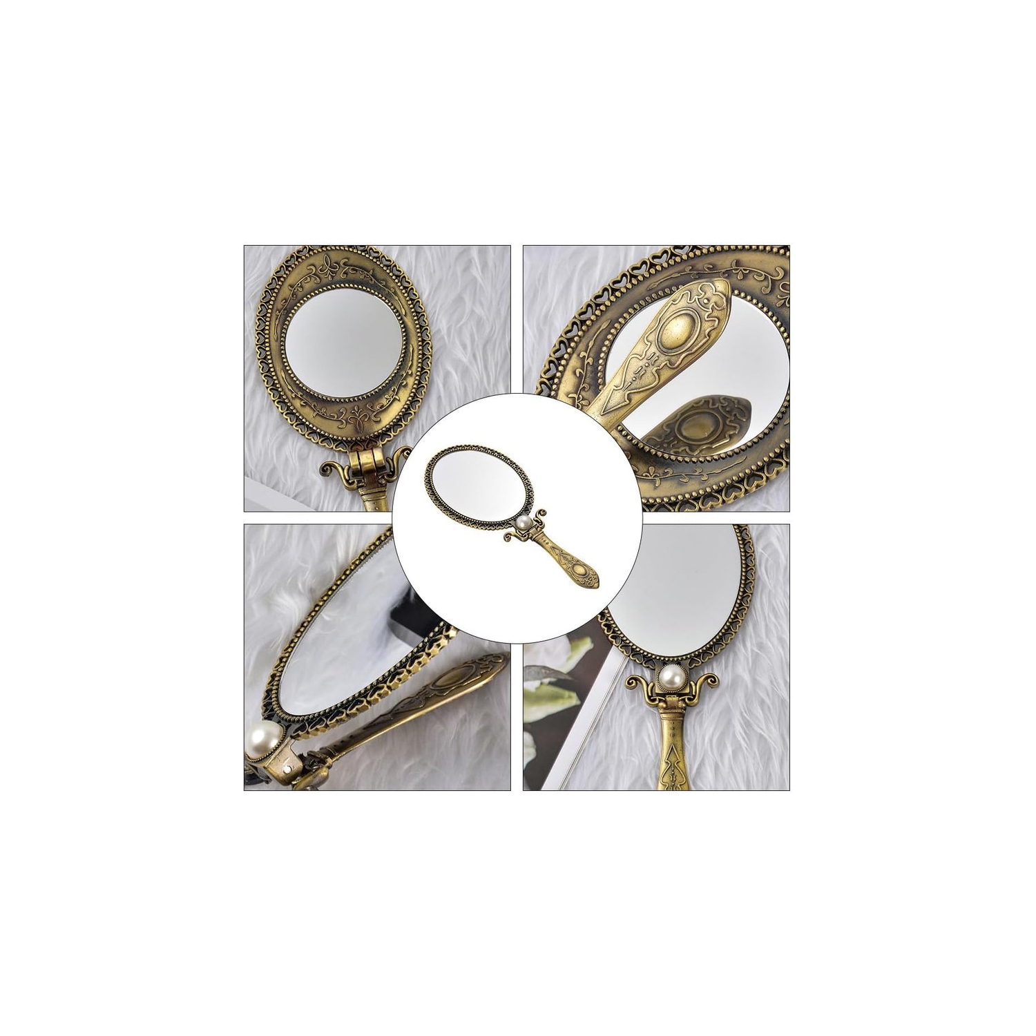 1pc Handheld Vanity Mirror - Antique Metal Hand Mirror Brass Mirror Luxury Metal Handheld Mirror Foldable Cosmetic Mirror for Women Lady Travel Home