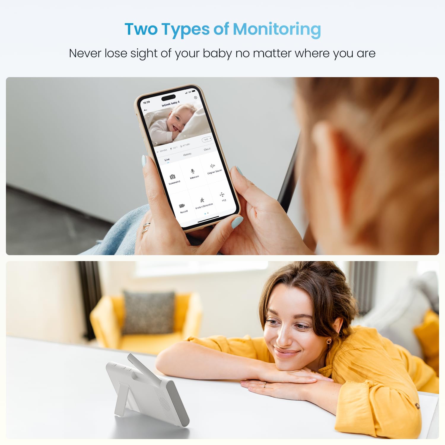 ieGeek Video Baby Monitor, 4.3" Wireless Display & 360°Auto Tracking Smart Camera, Sound & Motion Detection, Temp & Humidity Sensor,FHD Night