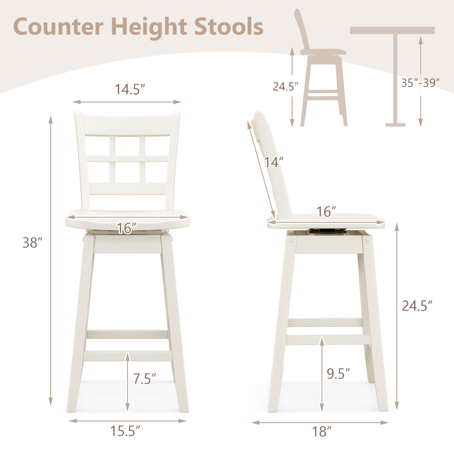 Gymax 2PCS 24.5 Inch Counter Height Bar Chairs Swivel Bar Stools w/ Hollow Backrest