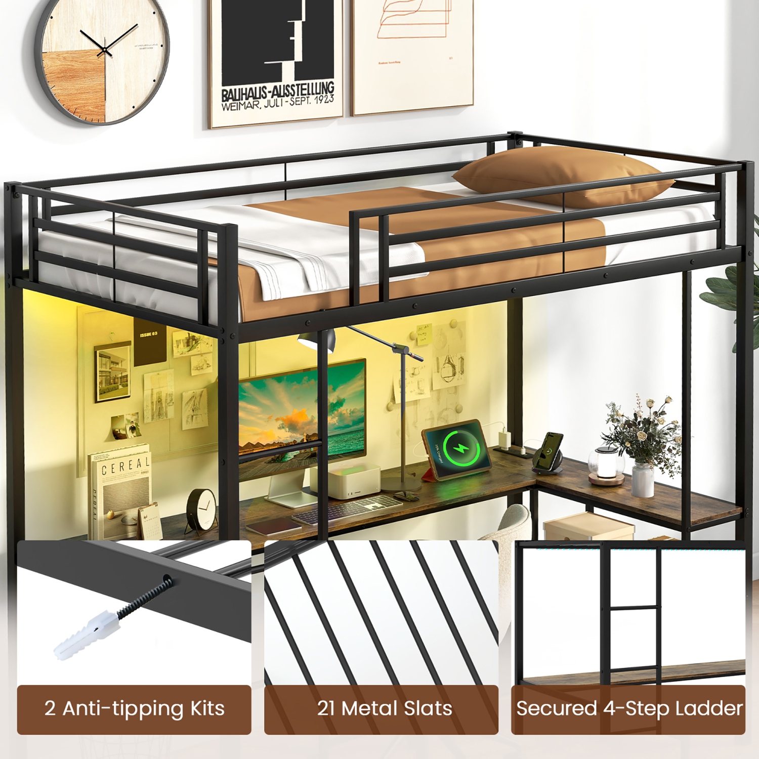Gymax Twin Size LED Bed Frame w/ Charging Station Upholstered Headboard 4 Drawers