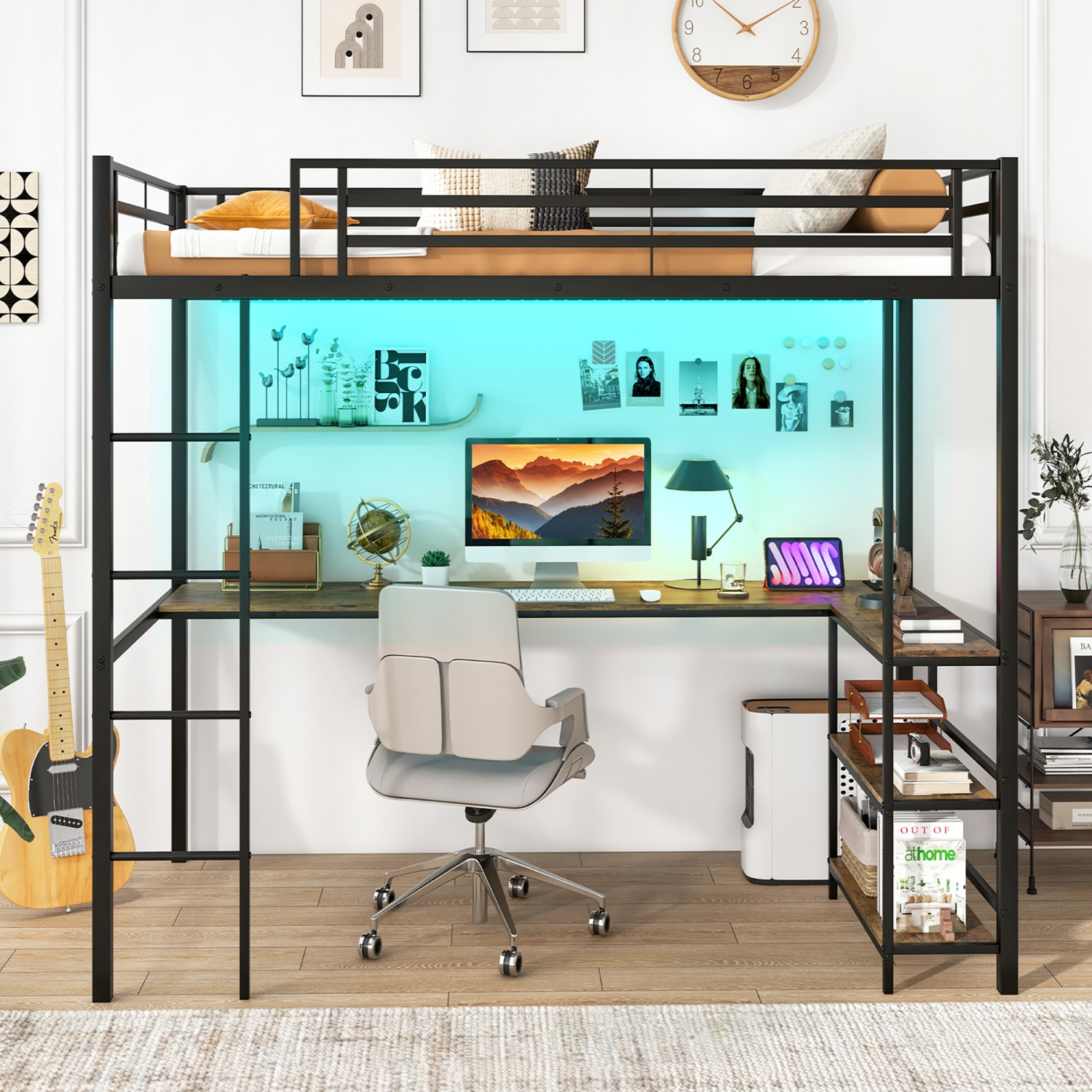 Gymax Twin Size LED Bed Frame w/ Charging Station Upholstered Headboard 4 Drawers