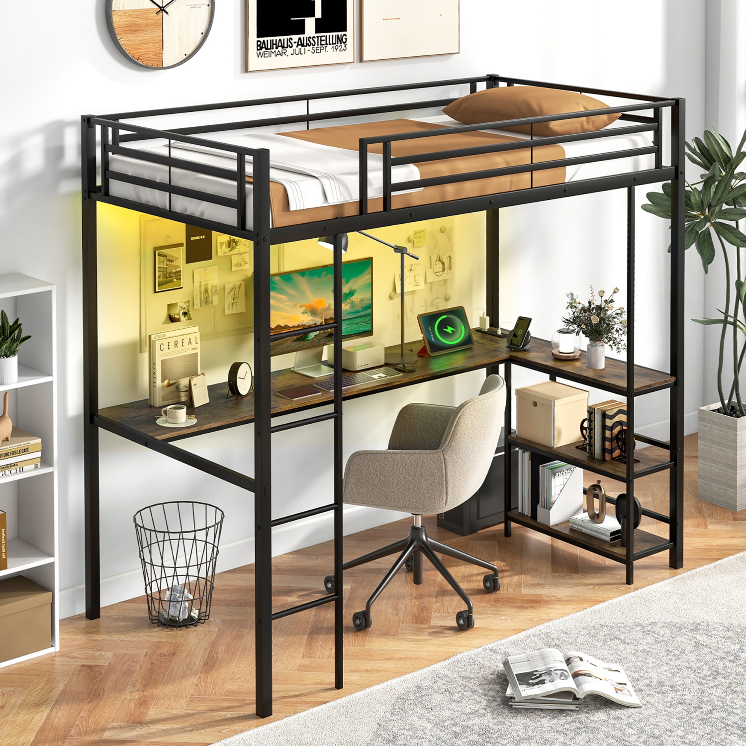 Gymax Twin Size LED Bed Frame w/ Charging Station Upholstered Headboard 4 Drawers