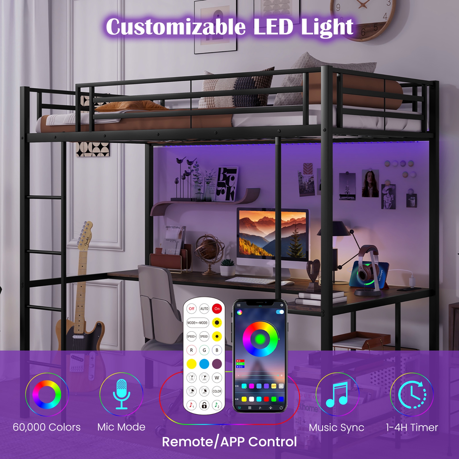 Gymax Twin Size LED Bed Frame w/ Charging Station Upholstered Headboard 4 Drawers