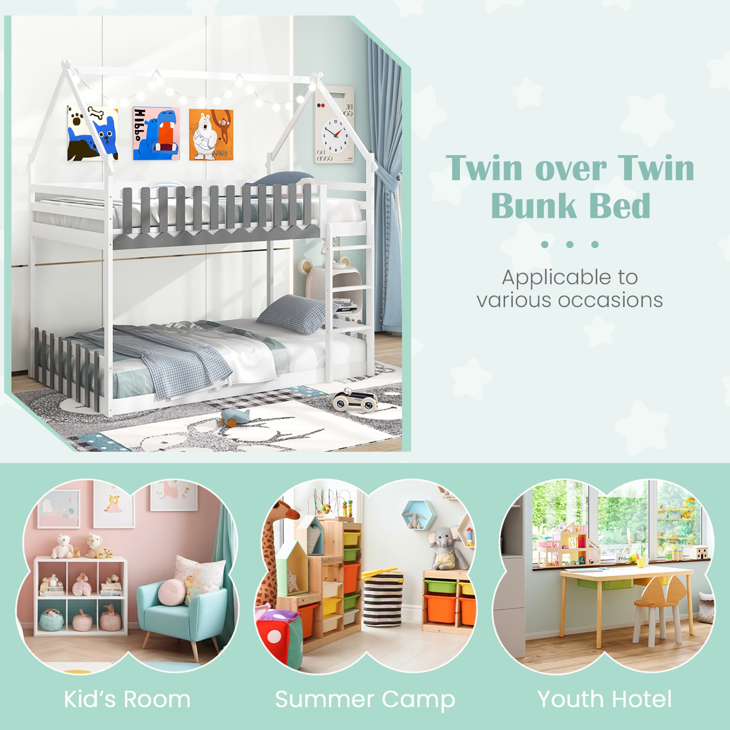 Gymax Twin Over Twin Bunk Bed w/ Fence & Ladder Solid Wood Floor Bunk Bed for Kids White