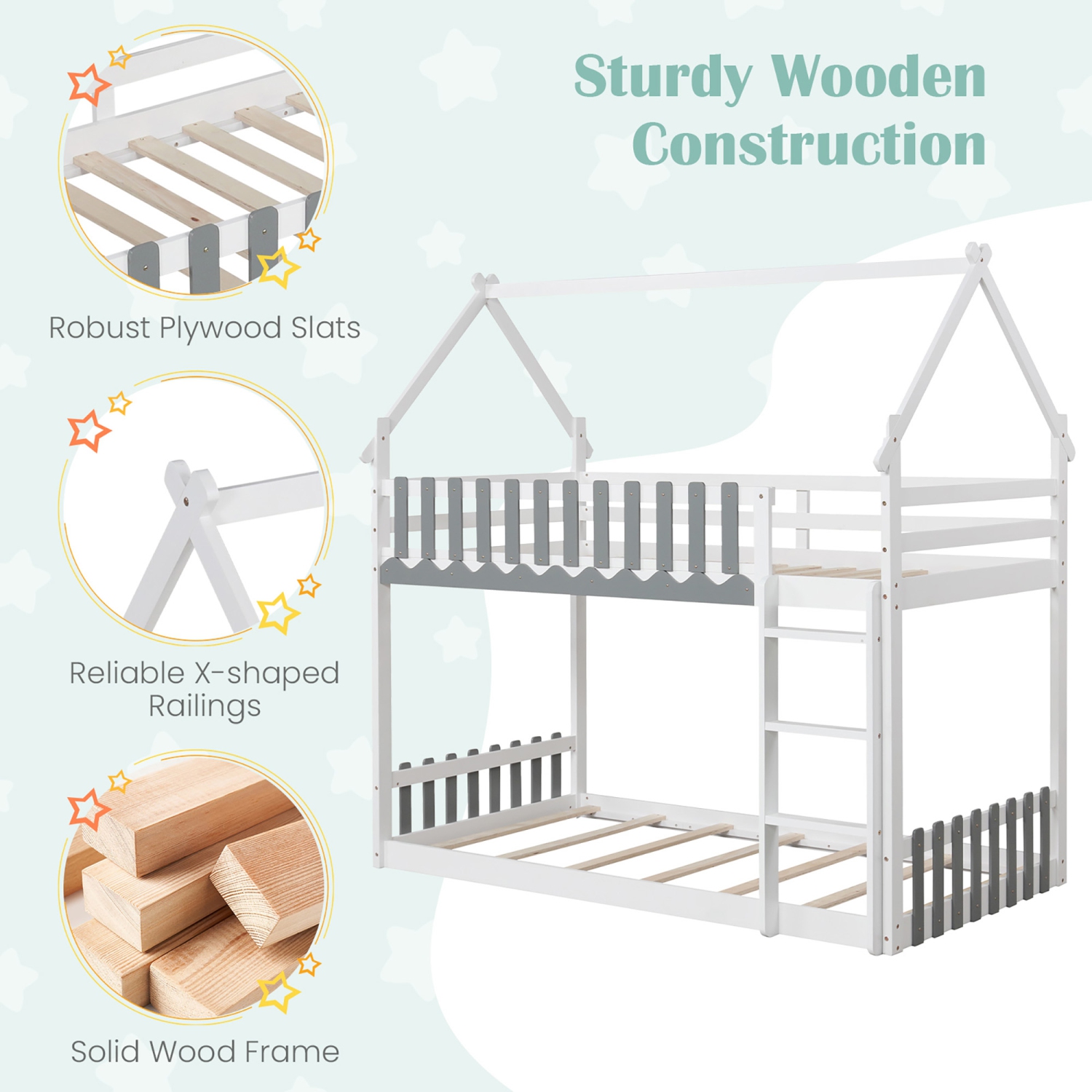 Gymax Twin Over Twin Bunk Bed w/ Fence & Ladder Solid Wood Floor Bunk Bed for Kids White