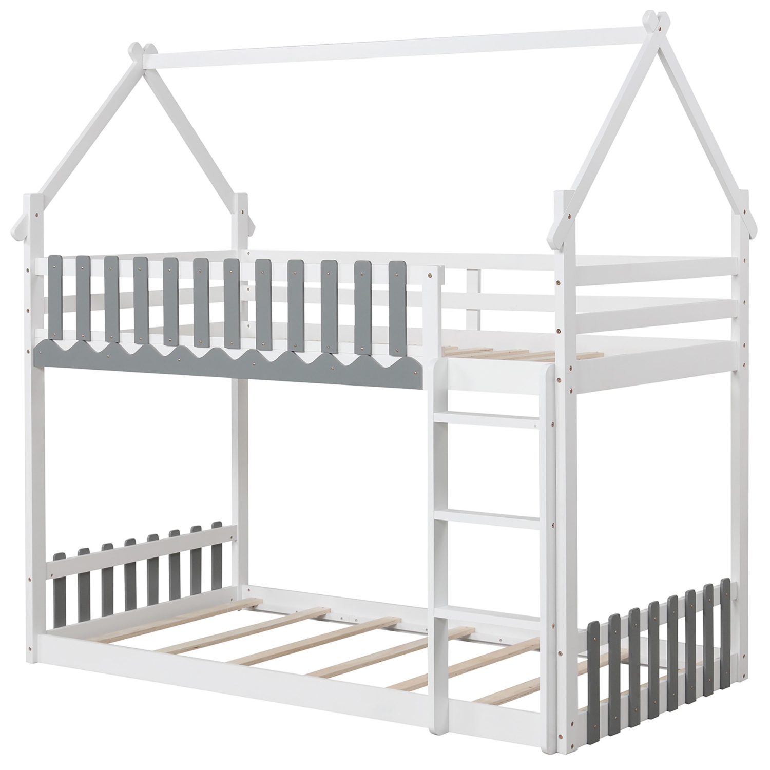 Gymax Twin Over Twin Bunk Bed w/ Fence & Ladder Solid Wood Floor Bunk Bed for Kids White