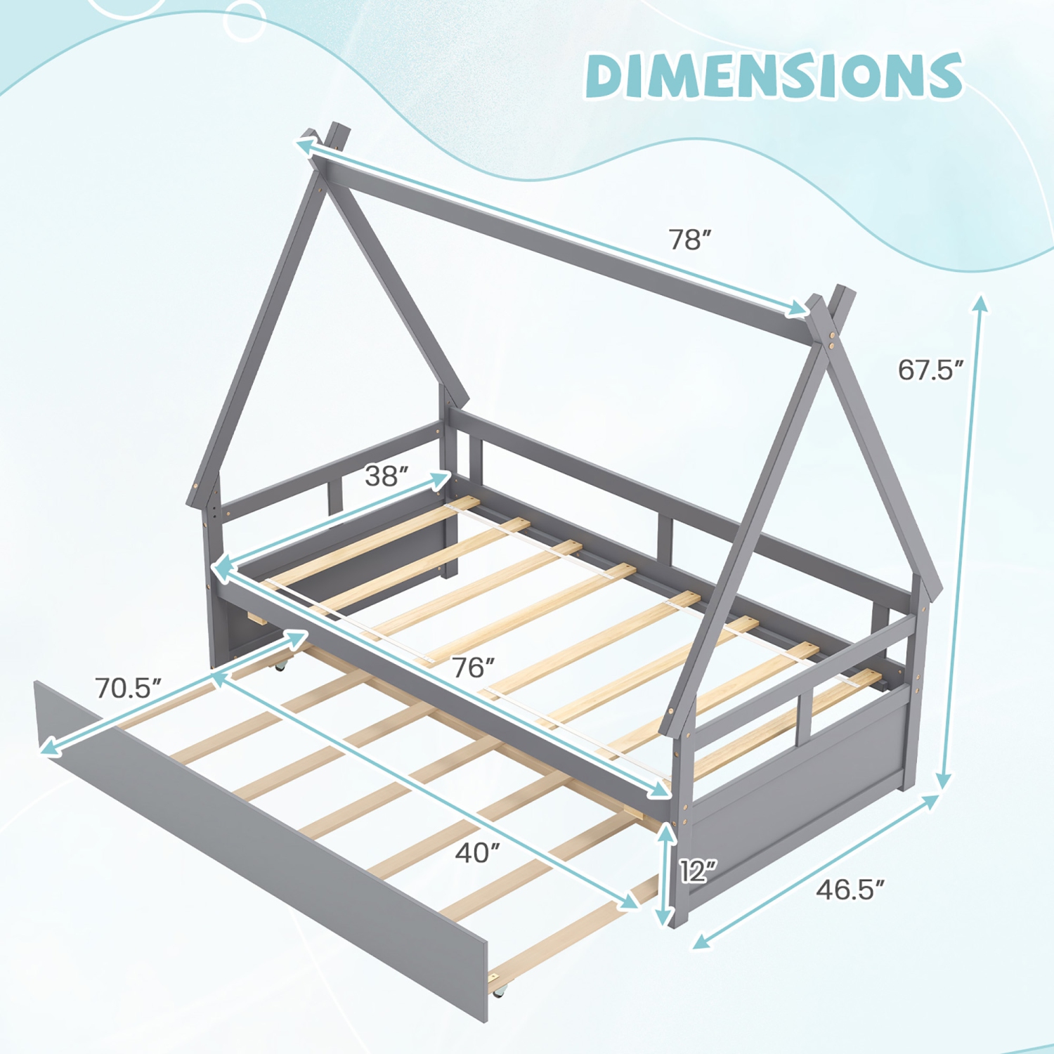 Gymax Twin Size House Bed w/ Trundle Roof & Safety Guardrail Wood Slat Support Gray