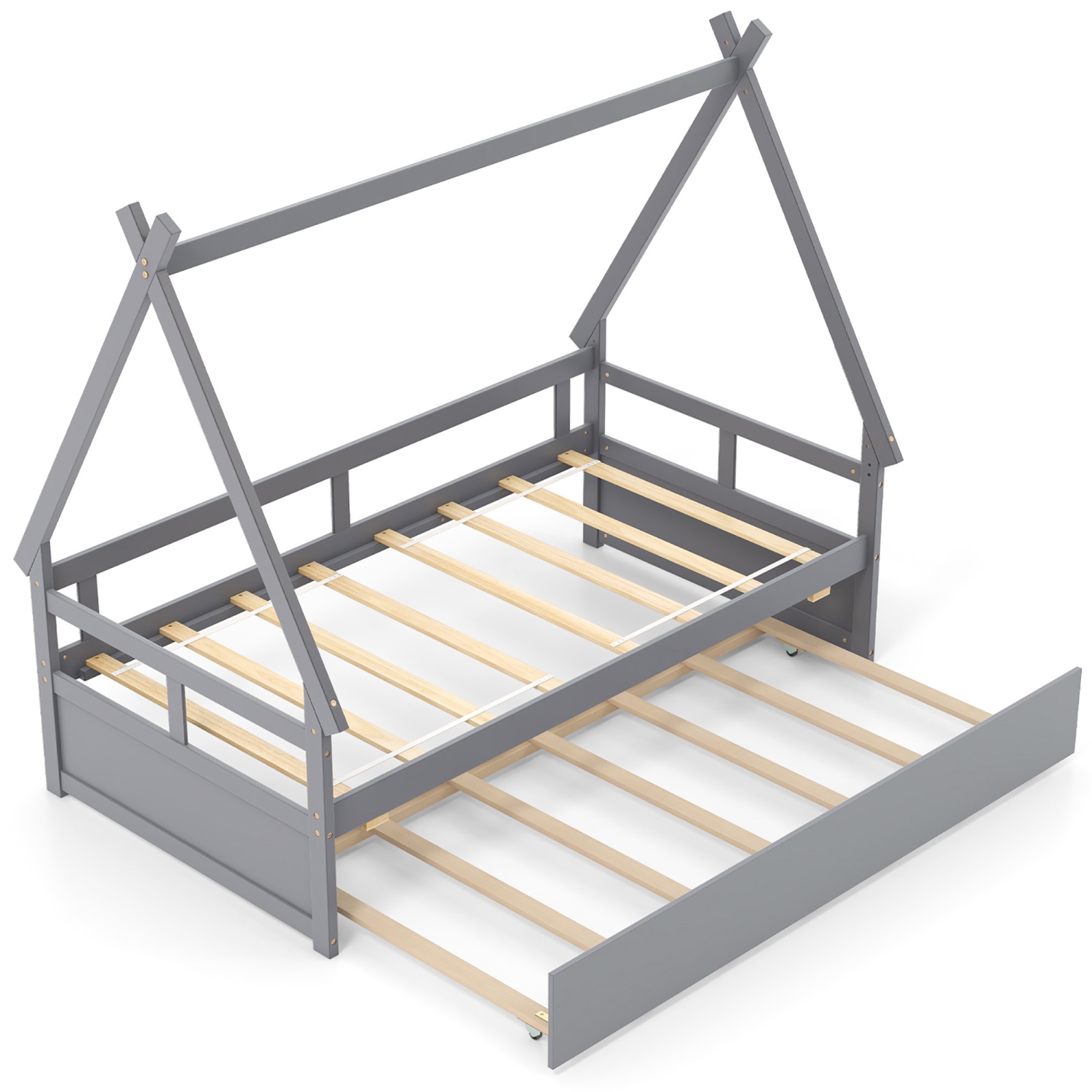 Gymax Twin Size House Bed w/ Trundle Roof & Safety Guardrail Wood Slat Support Gray