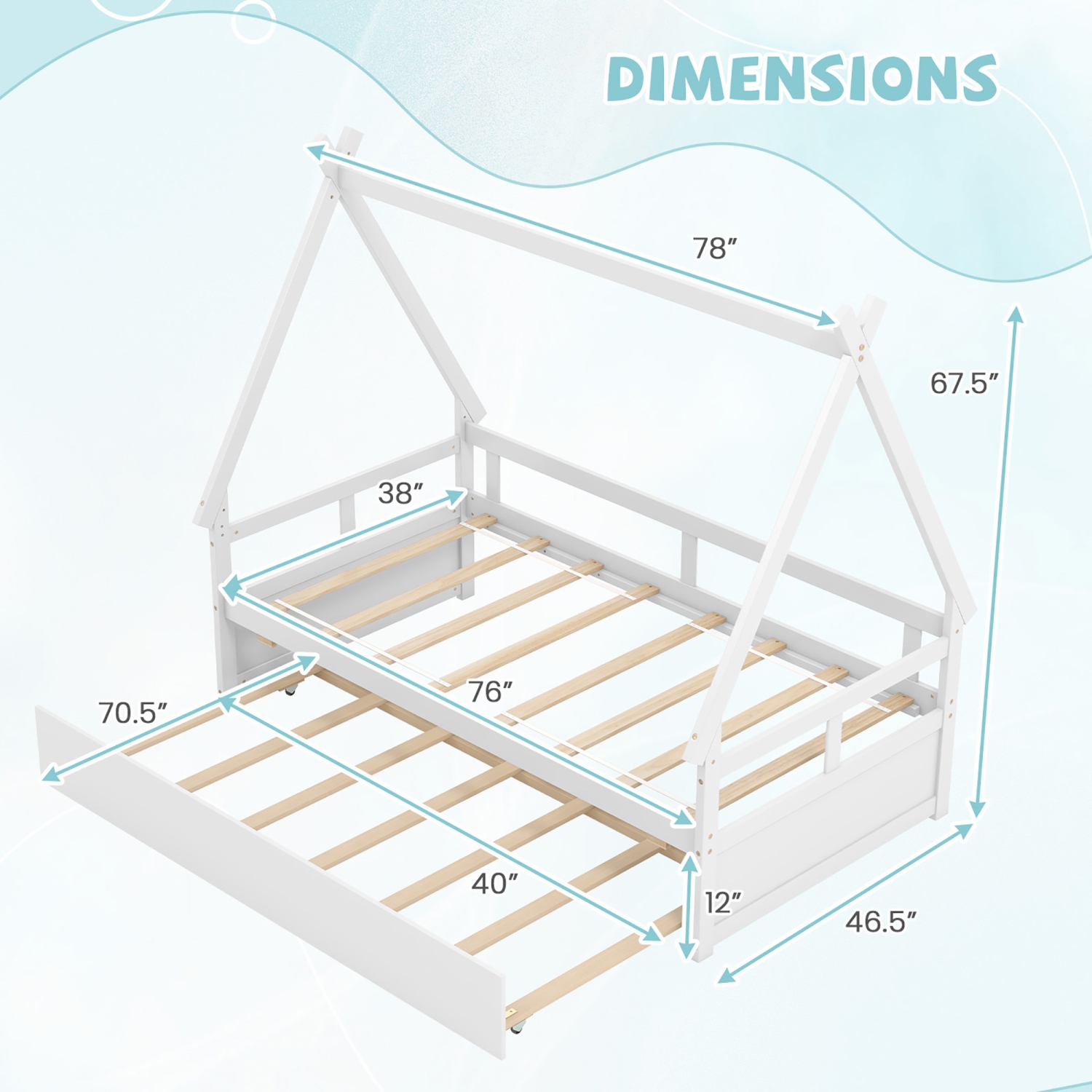 Gymax Twin Size House Bed w/ Trundle Roof & Safety Guardrail Wood Slat Support White