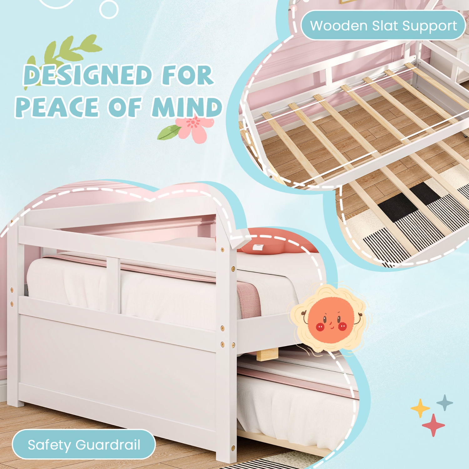 Gymax Twin Size House Bed w/ Trundle Roof & Safety Guardrail Wood Slat Support White