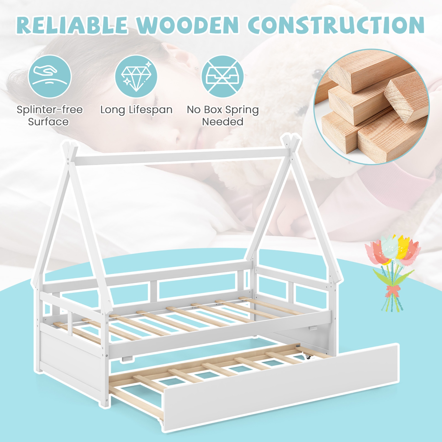 Gymax Twin Size House Bed w/ Trundle Roof & Safety Guardrail Wood Slat Support White