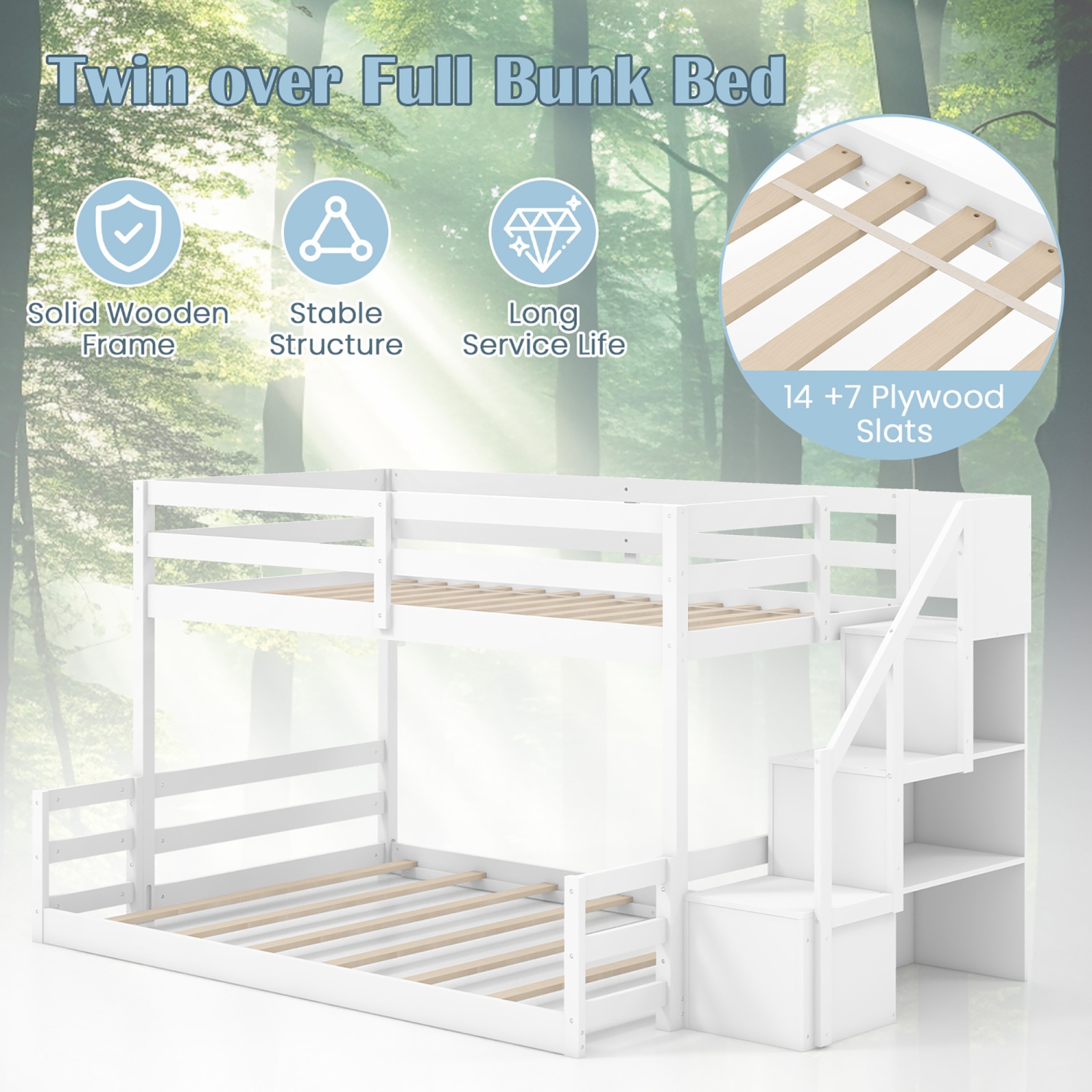 Gymax Twin Over Full Low Bunk Bed w/ Storage Stairs w/ Full-length Guardrails