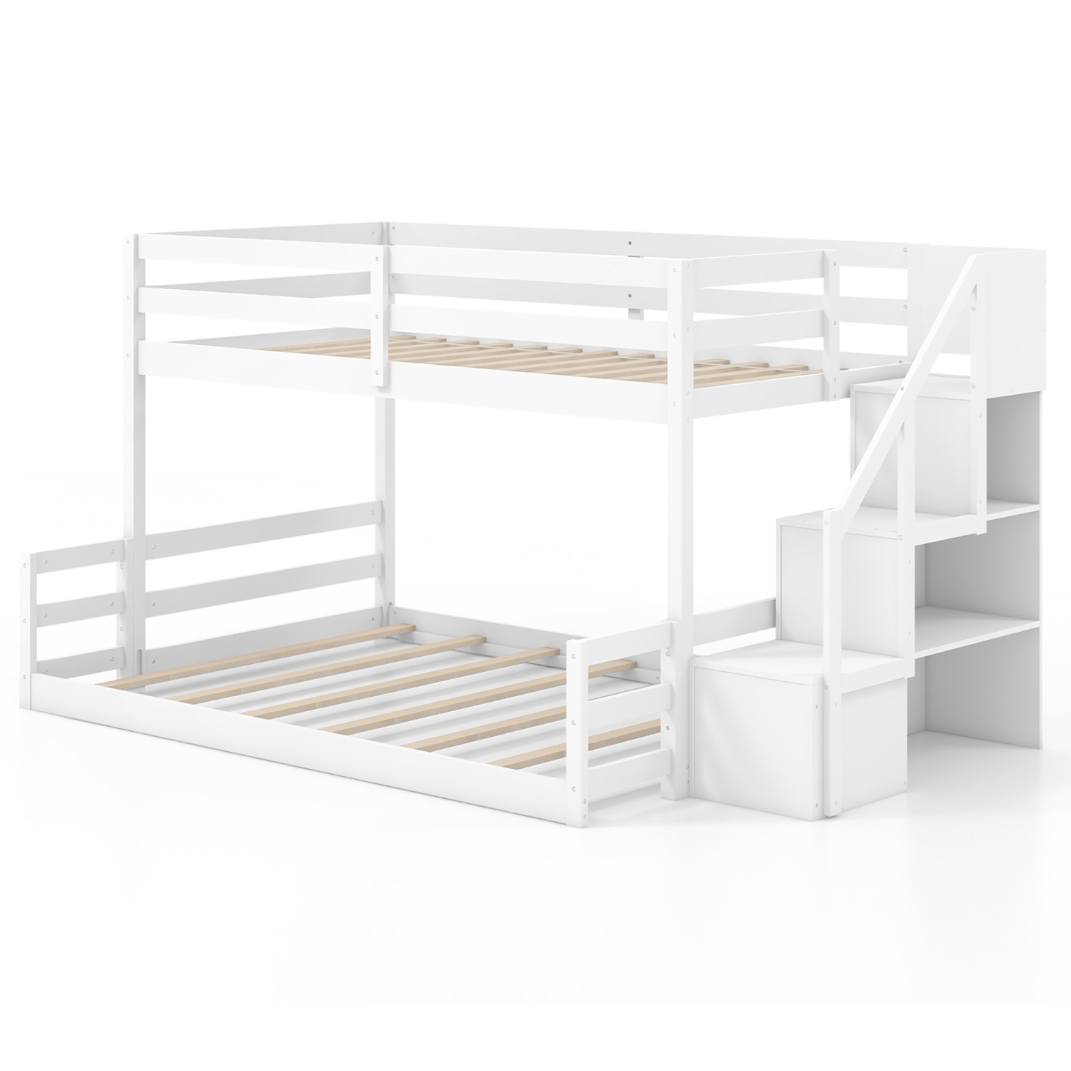Gymax Twin Over Full Low Bunk Bed w/ Storage Stairs w/ Full-length Guardrails