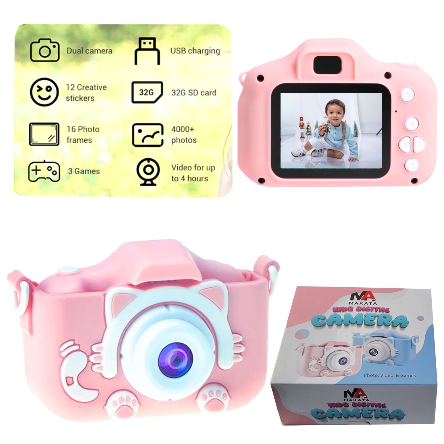 Appareil photo numérique pour enfants MAKATA 48&nbsp;Mpx avec jeux vidéo HD et musique MP3, caméra jouet amusante pour enfants de moins de 13 ans,