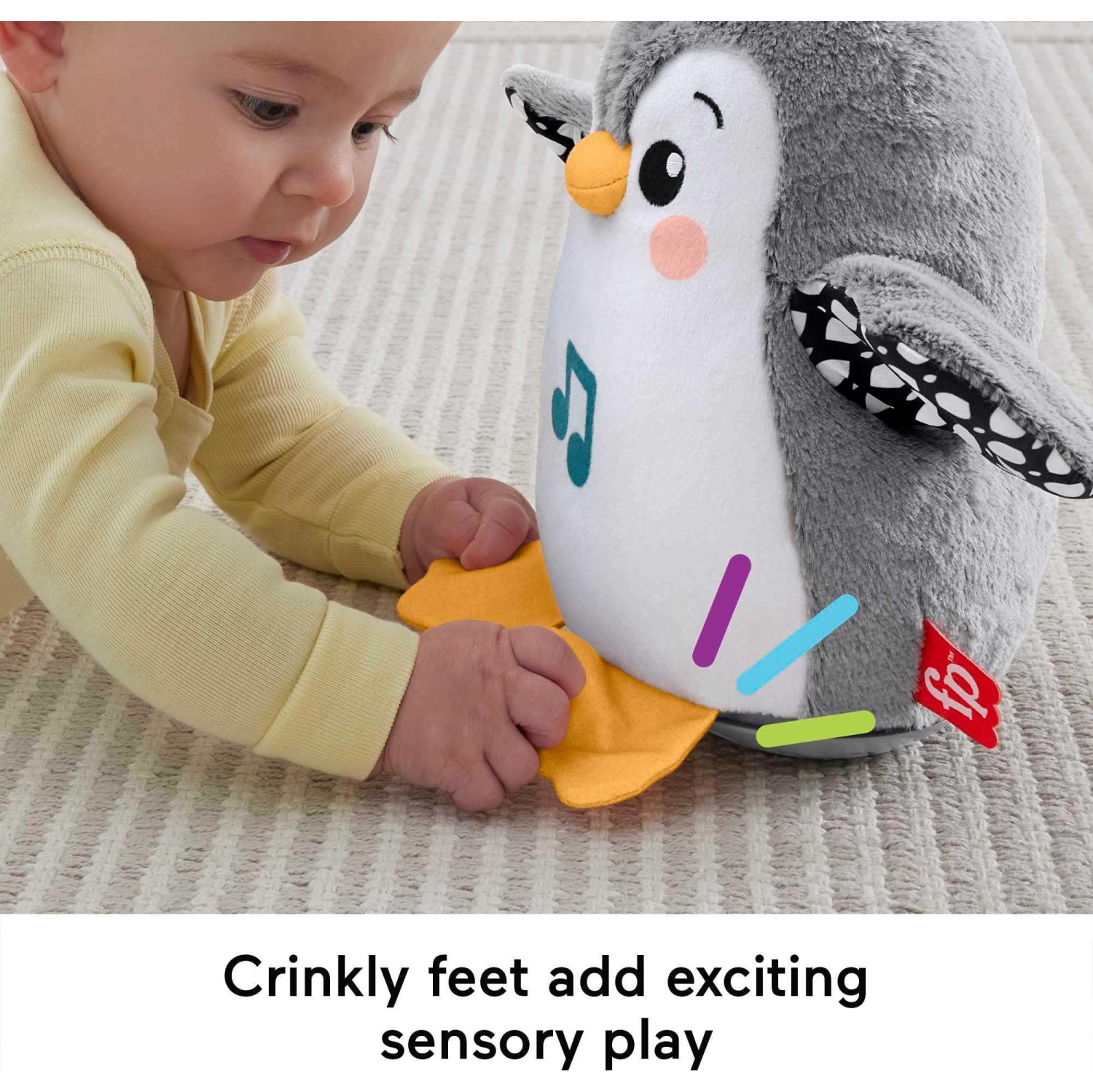 Fisher-Price Baby Tummy Time Toy Flap Wobble Penguin, Plush with Music Motion for Sensory Play Newborns Ages 0+ Months