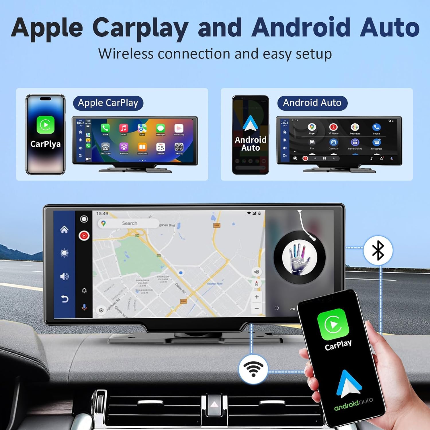 Kuayvan Wireless Portable Carplay Screen for Car - 10.26 Inch Carplay & Android Auto Car Touch Screen, with 4K Dash Cam, Backup Camera, Bluetooth,