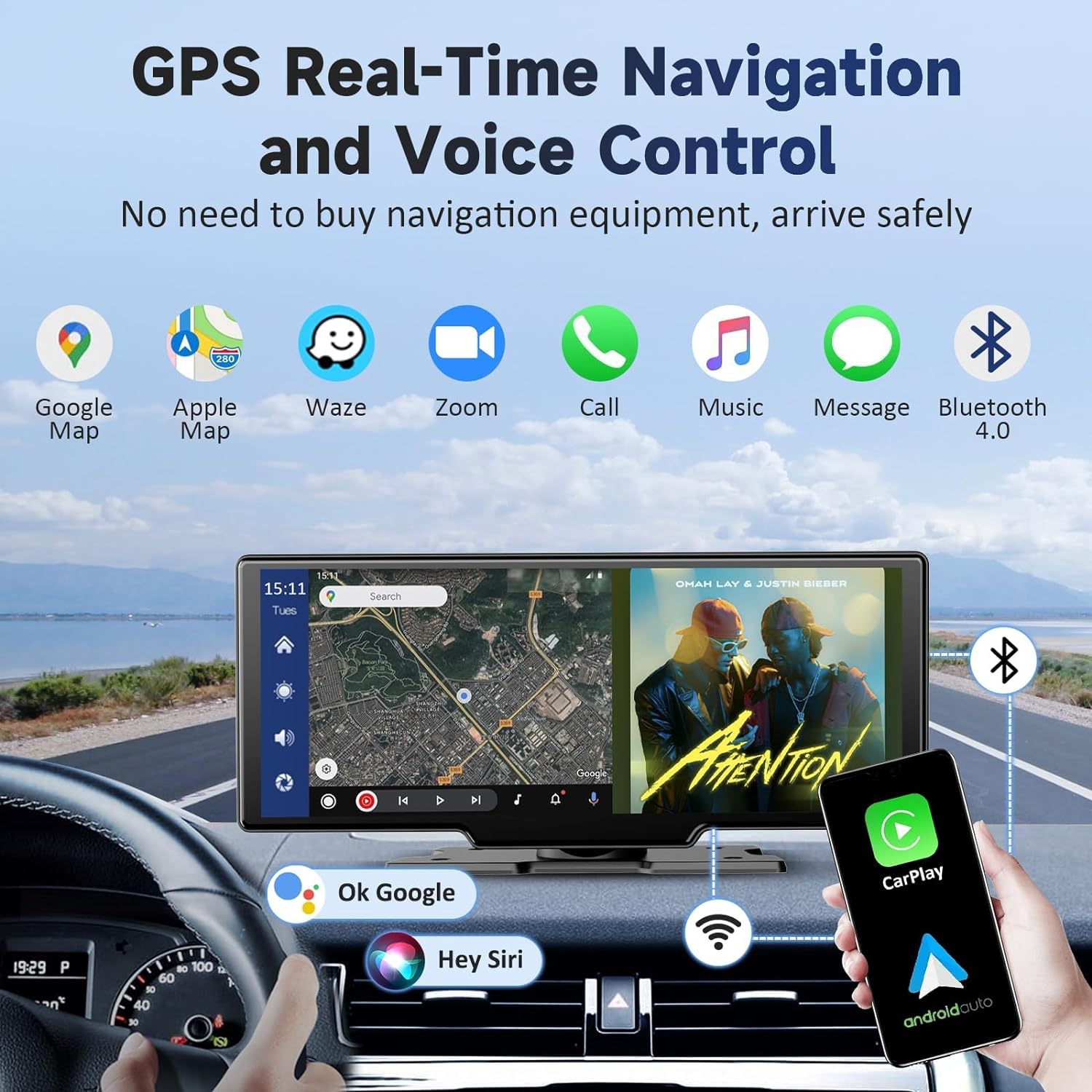 Kuayvan Wireless Portable Carplay Screen for Car - 10.26 Inch Carplay & Android Auto Car Touch Screen, with 4K Dash Cam, Backup Camera, Bluetooth,