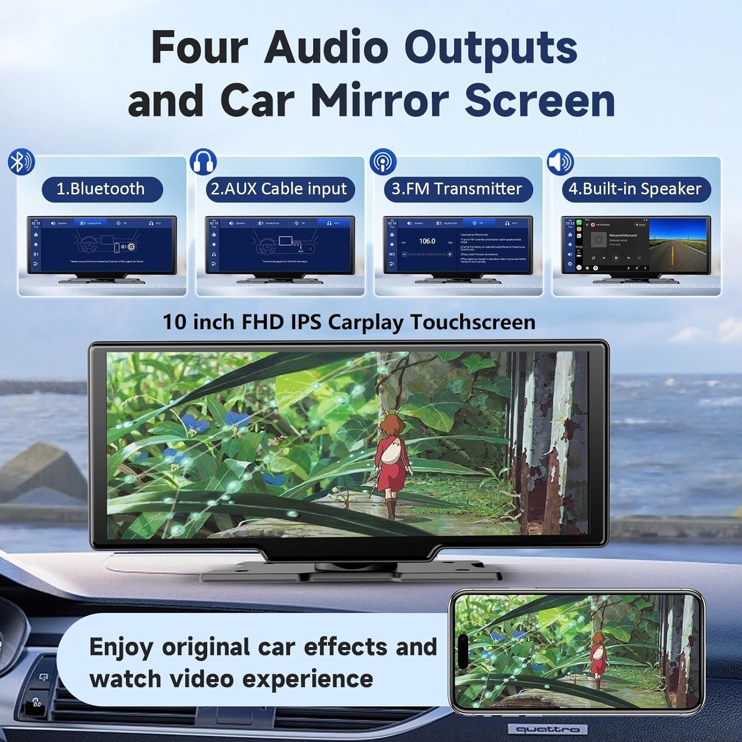 Kuayvan Wireless Portable Carplay Screen for Car - 10.26 Inch Carplay & Android Auto Car Touch Screen, with 4K Dash Cam, Backup Camera, Bluetooth,