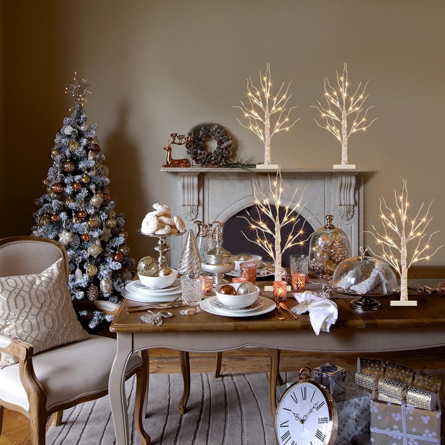 Vanthylit Christmas Tree Decorations, White Birch Tree with LED Lights- Set of 4, Warm White Small Tree Lights Battery Powered/USB, Timer Lighted