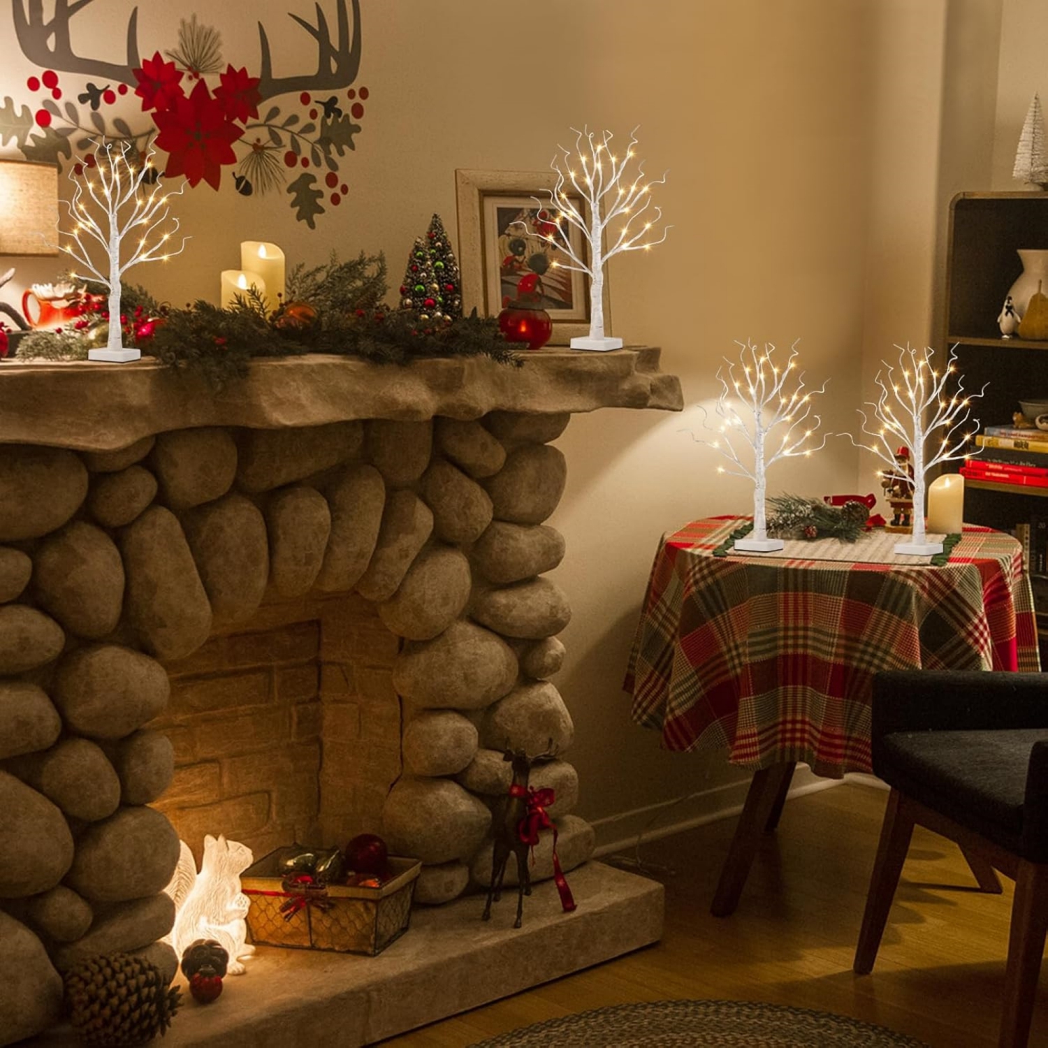 Vanthylit Christmas Tree Decorations, White Birch Tree with LED Lights- Set of 4, Warm White Small Tree Lights Battery Powered/USB, Timer Lighted