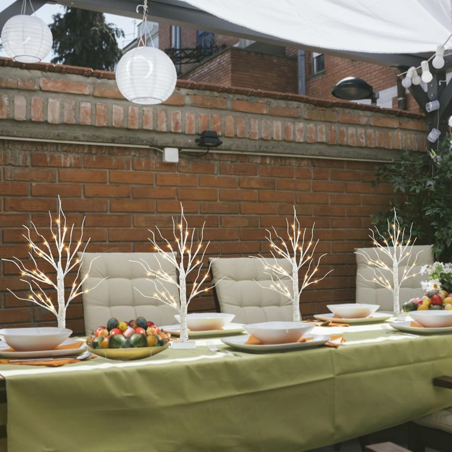 Vanthylit Christmas Tree Decorations, White Birch Tree with LED Lights- Set of 4, Warm White Small Tree Lights Battery Powered/USB, Timer Lighted