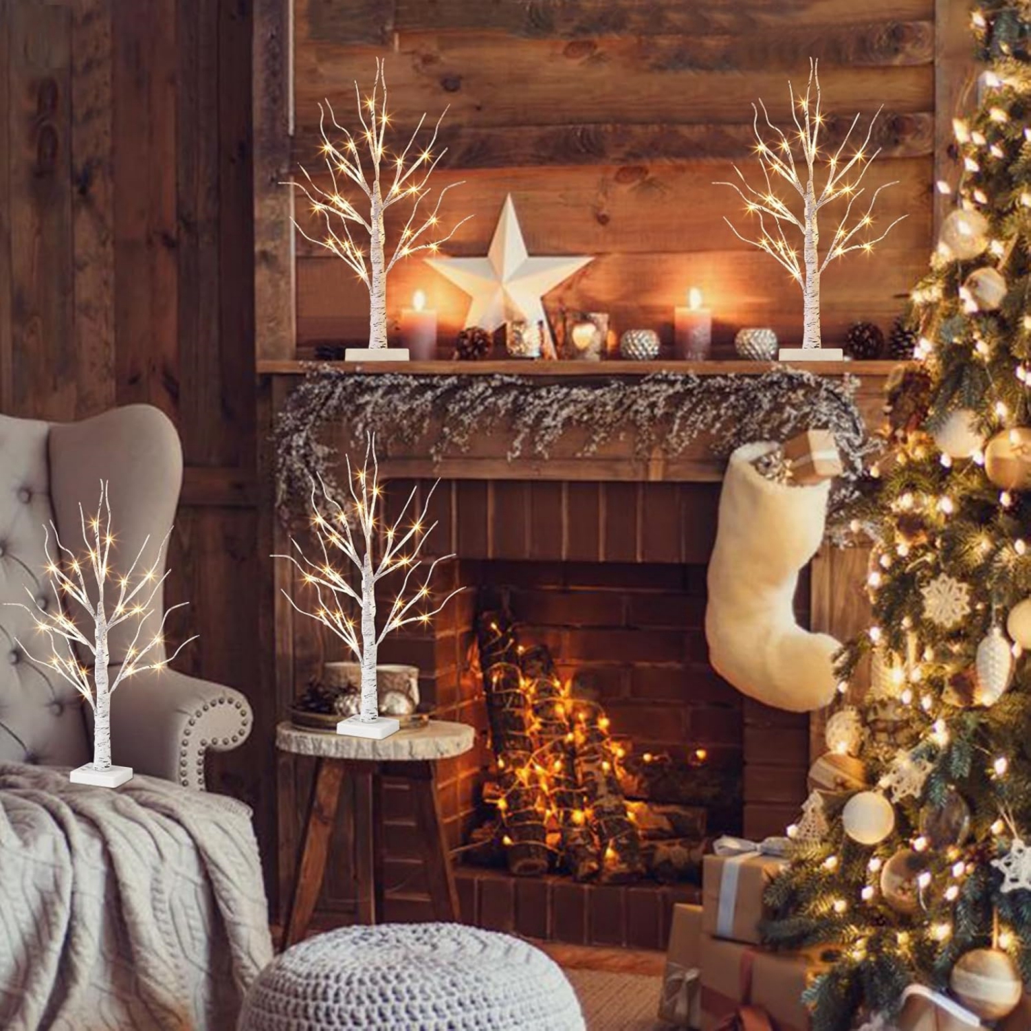 Vanthylit Christmas Tree Decorations, White Birch Tree with LED Lights- Set of 4, Warm White Small Tree Lights Battery Powered/USB, Timer Lighted