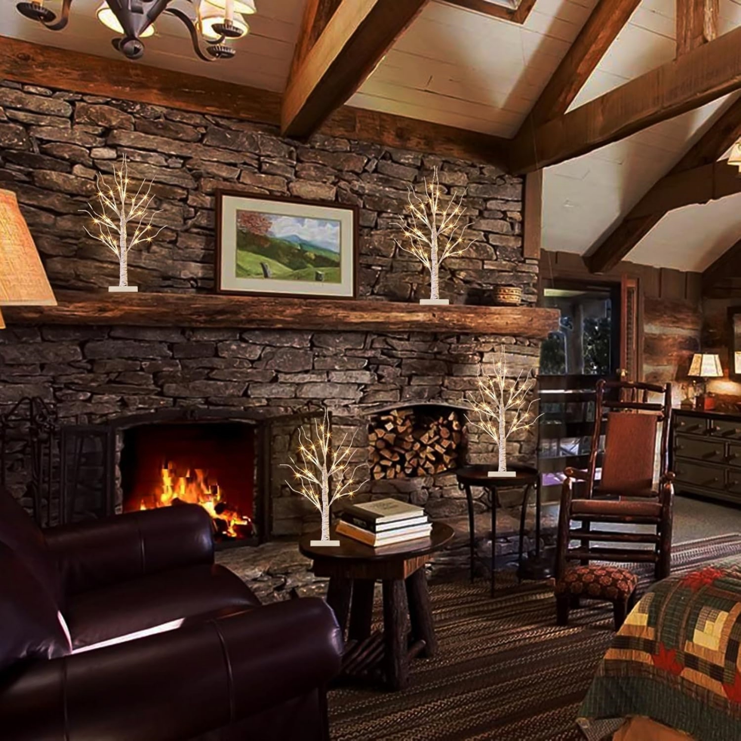 Vanthylit Christmas Tree Decorations, White Birch Tree with LED Lights- Set of 4, Warm White Small Tree Lights Battery Powered/USB, Timer Lighted