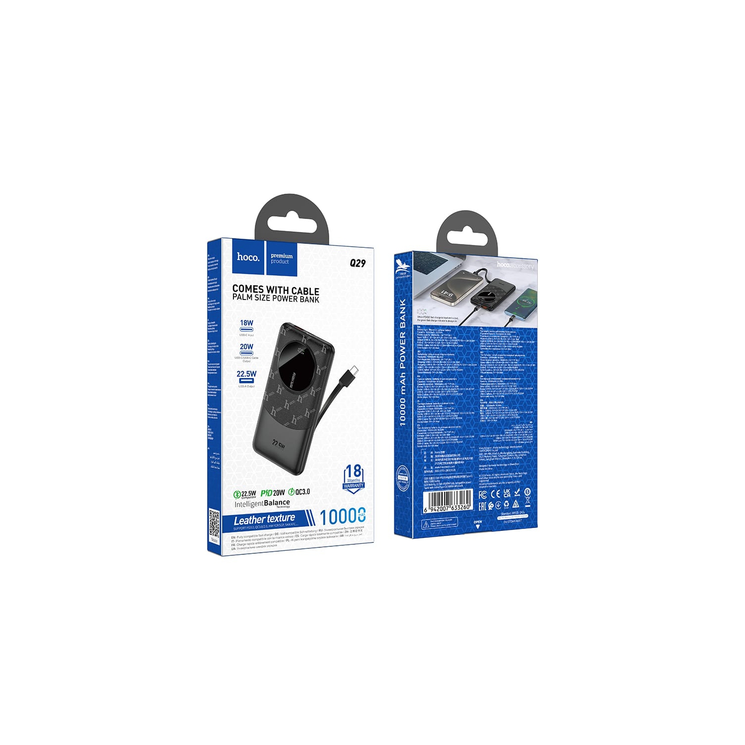 Q29 Nobility 22.5W+PD20W fully compatible power bank with cable(iP)(10000mAh) - Black