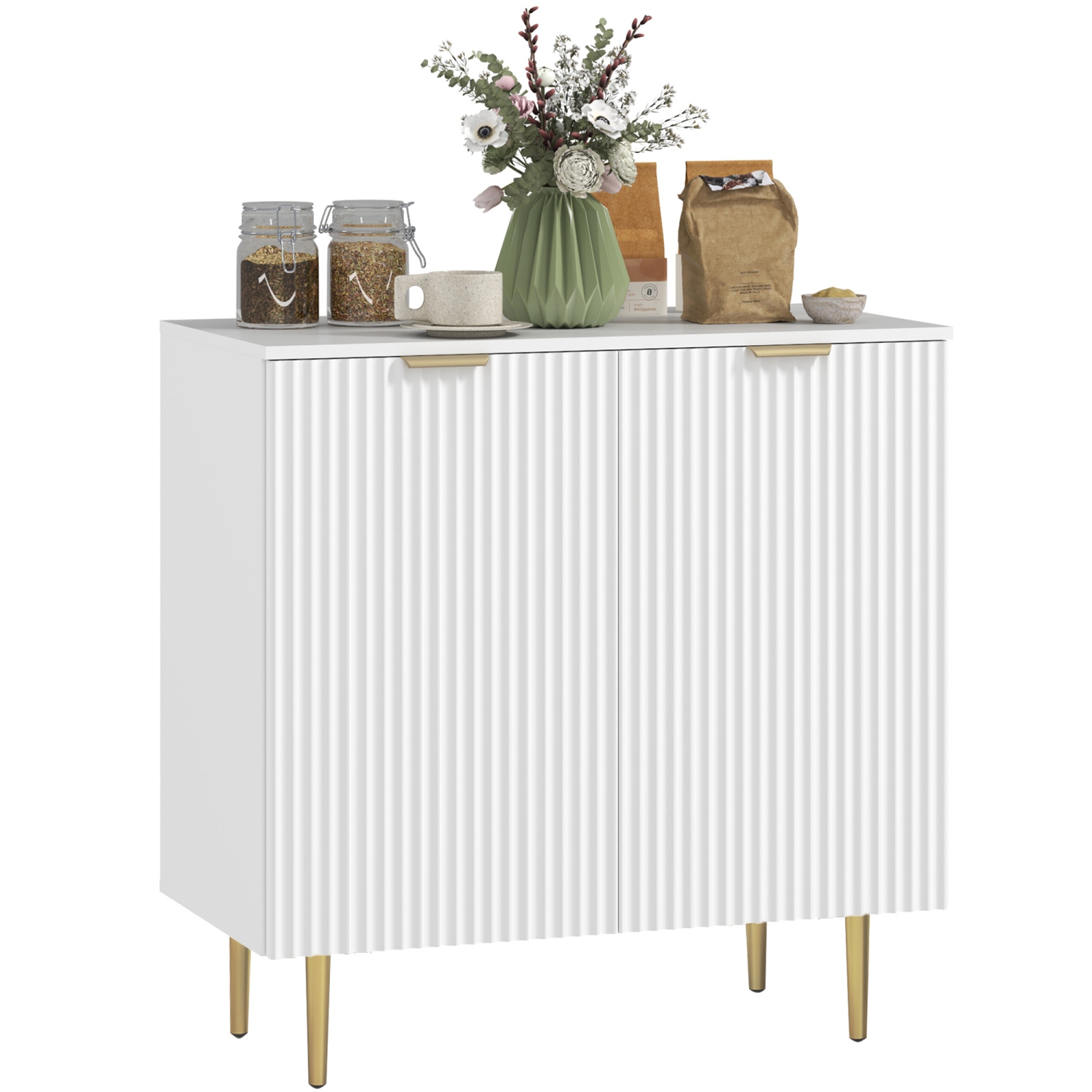 HOMCOM – Buffet, armoire de rangement moderne pour la cuisine avec 2 portes et tablettes réglables, armoire de bar à café cannelée avec pattes en