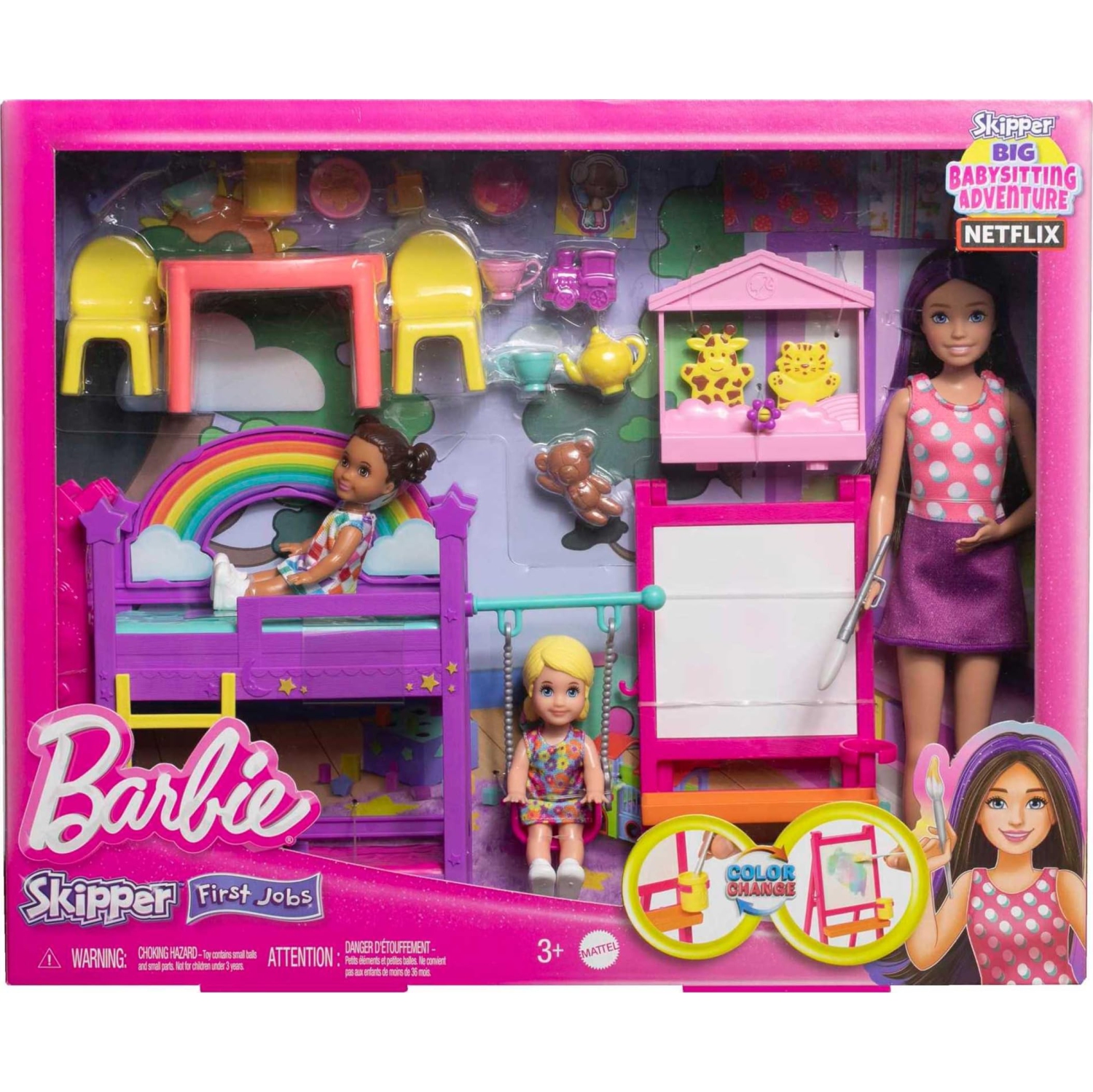 Barbie Skipper First Jobs Daycare Playset, 3 Dolls, Furniture & 15+ Accessories, Includes Bunkbeds & Color-Change Easel