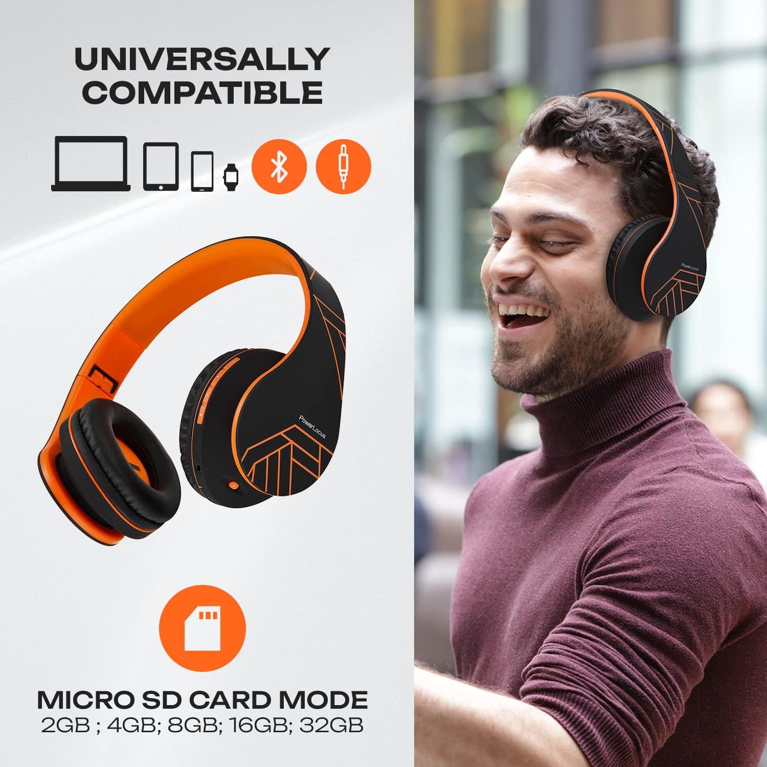 Bluetooth Over-Ear Headphones, Wireless Stereo Foldable Headphones Wireless and Wired Headsets , Micro SD/TF, FM for Phone/iPad/PC, Black/Orange