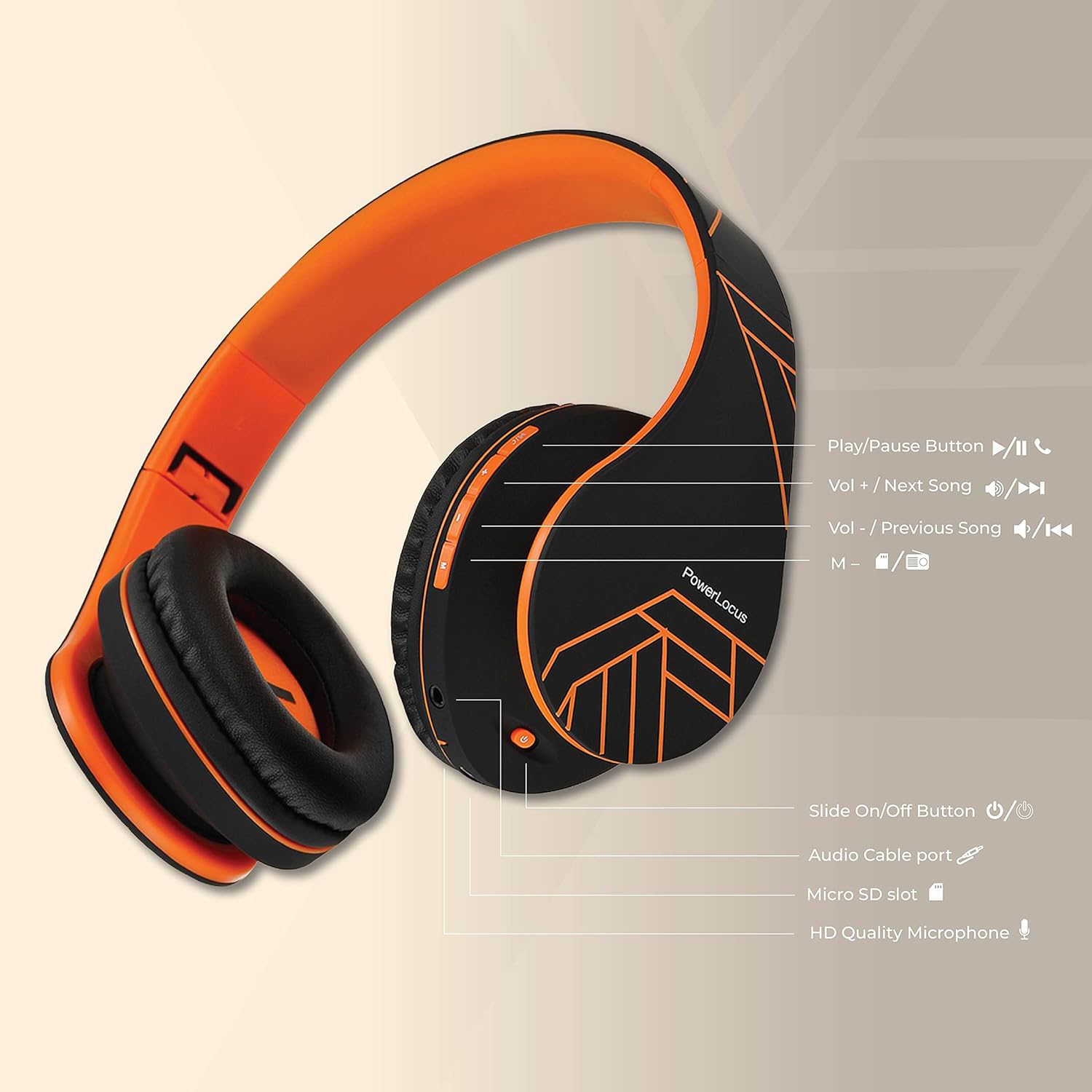 Bluetooth Over-Ear Headphones, Wireless Stereo Foldable Headphones Wireless and Wired Headsets , Micro SD/TF, FM for Phone/iPad/PC, Black/Orange
