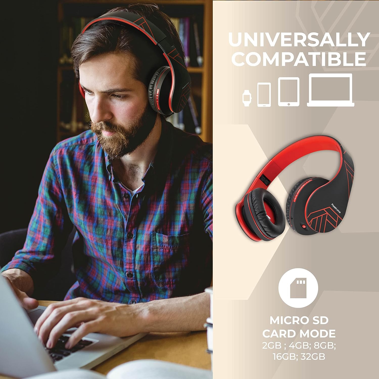 Bluetooth Over-Ear Headphones, Wireless Stereo Foldable Headphones Wireless and Wired Headsets , Micro SD/TF, FM for Phone/iPad/PC, Black/Red