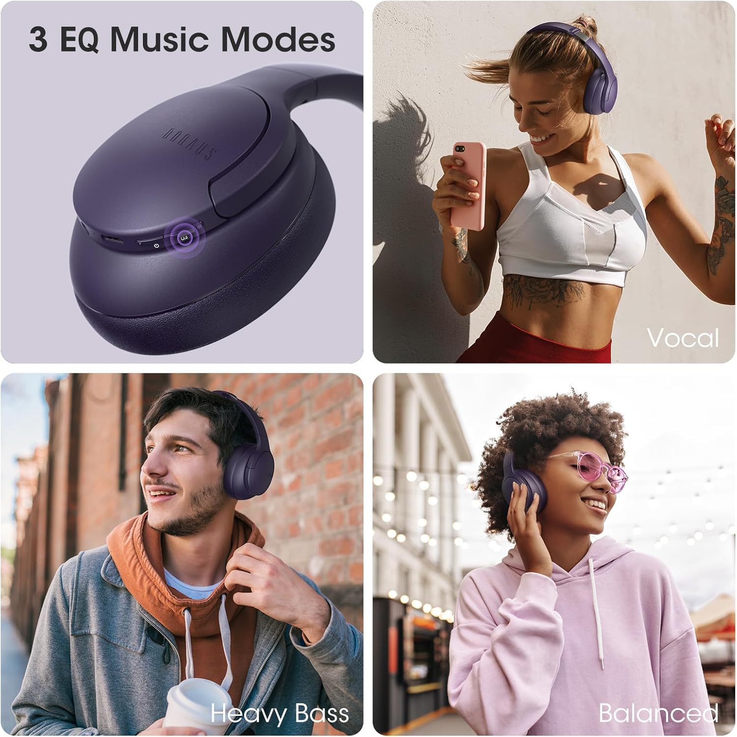Wireless Headphones, Bluetooth Headphones and 3 EQ Modes Over Ear Headphones with Mic, HiFi Stereo Sound Foldable Wireless Headset for Phone, Purple