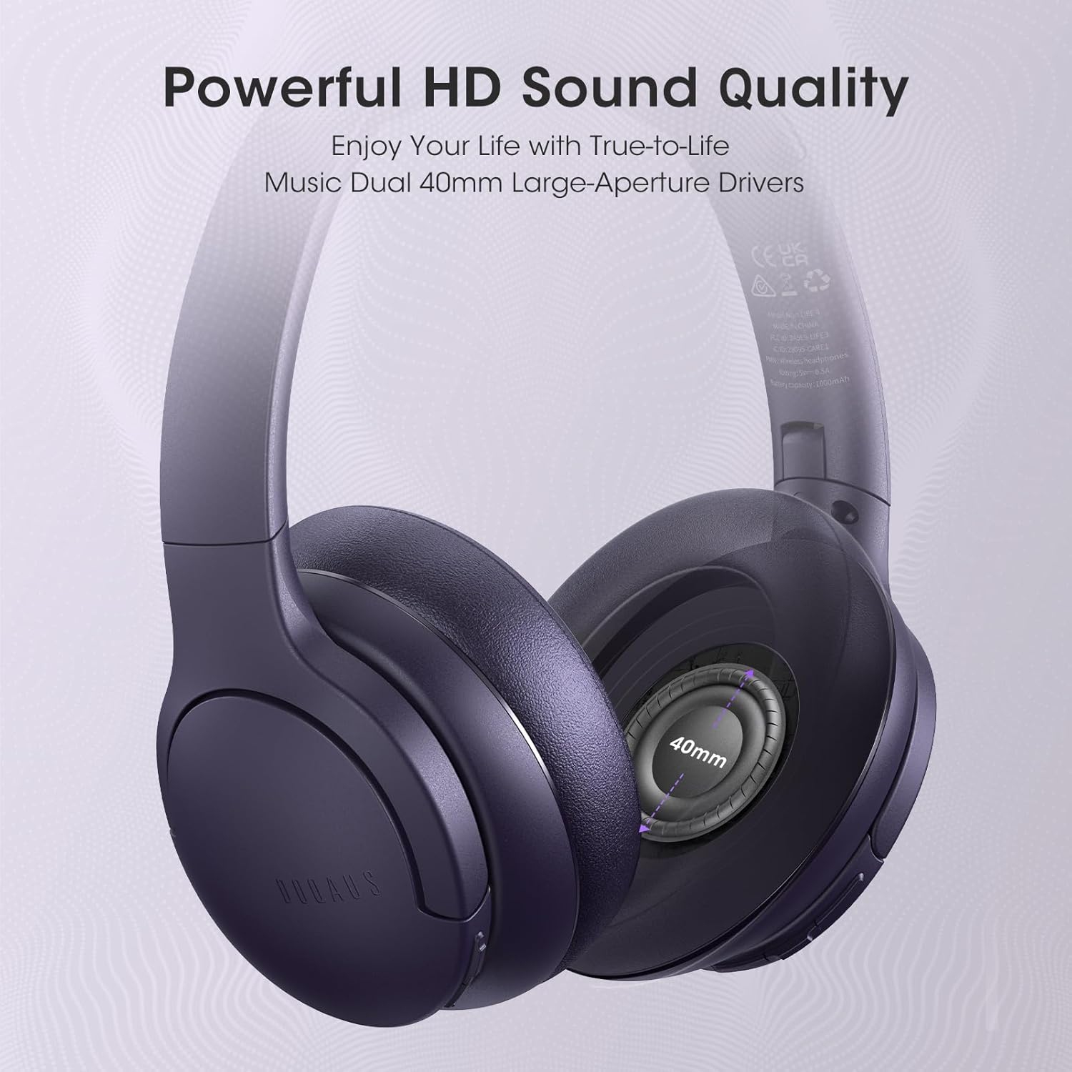 Wireless Headphones, Bluetooth Headphones and 3 EQ Modes Over Ear Headphones with Mic, HiFi Stereo Sound Foldable Wireless Headset for Phone, Purple