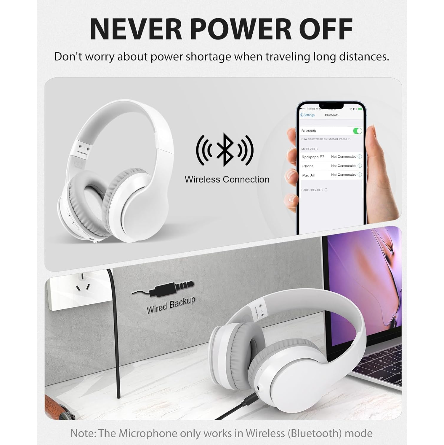 Bluetooth Headphones Over Ear, Wireless Headphones with HiFi Stereo & Microphone , Foldable Wireless Wired Headphones for Phone/PC/TV, White Grey