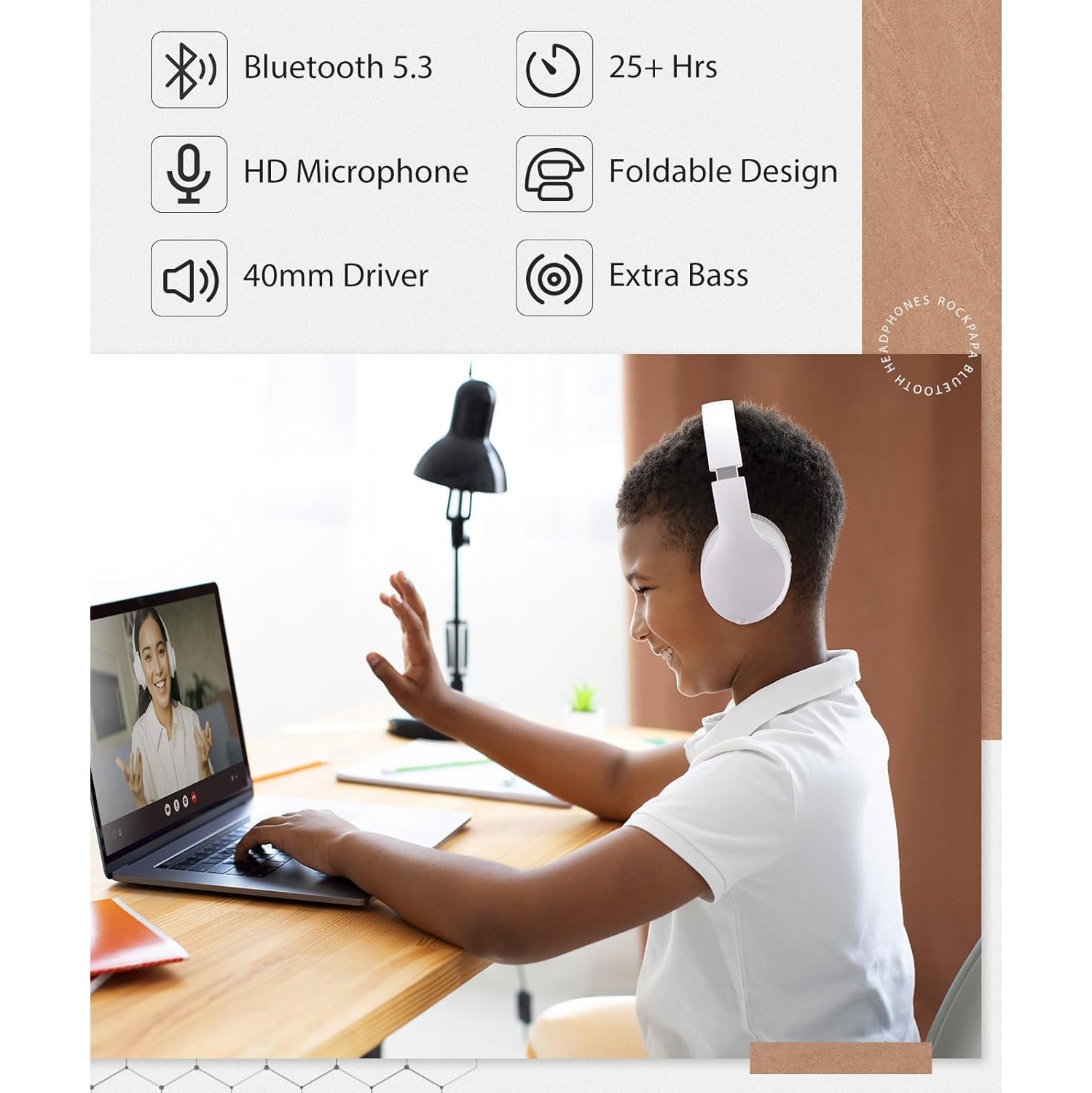 Bluetooth Headphones Over Ear, Wireless Headphones with HiFi Stereo & Microphone , Foldable Wireless Wired Headphones for Phone/PC/TV, White Grey