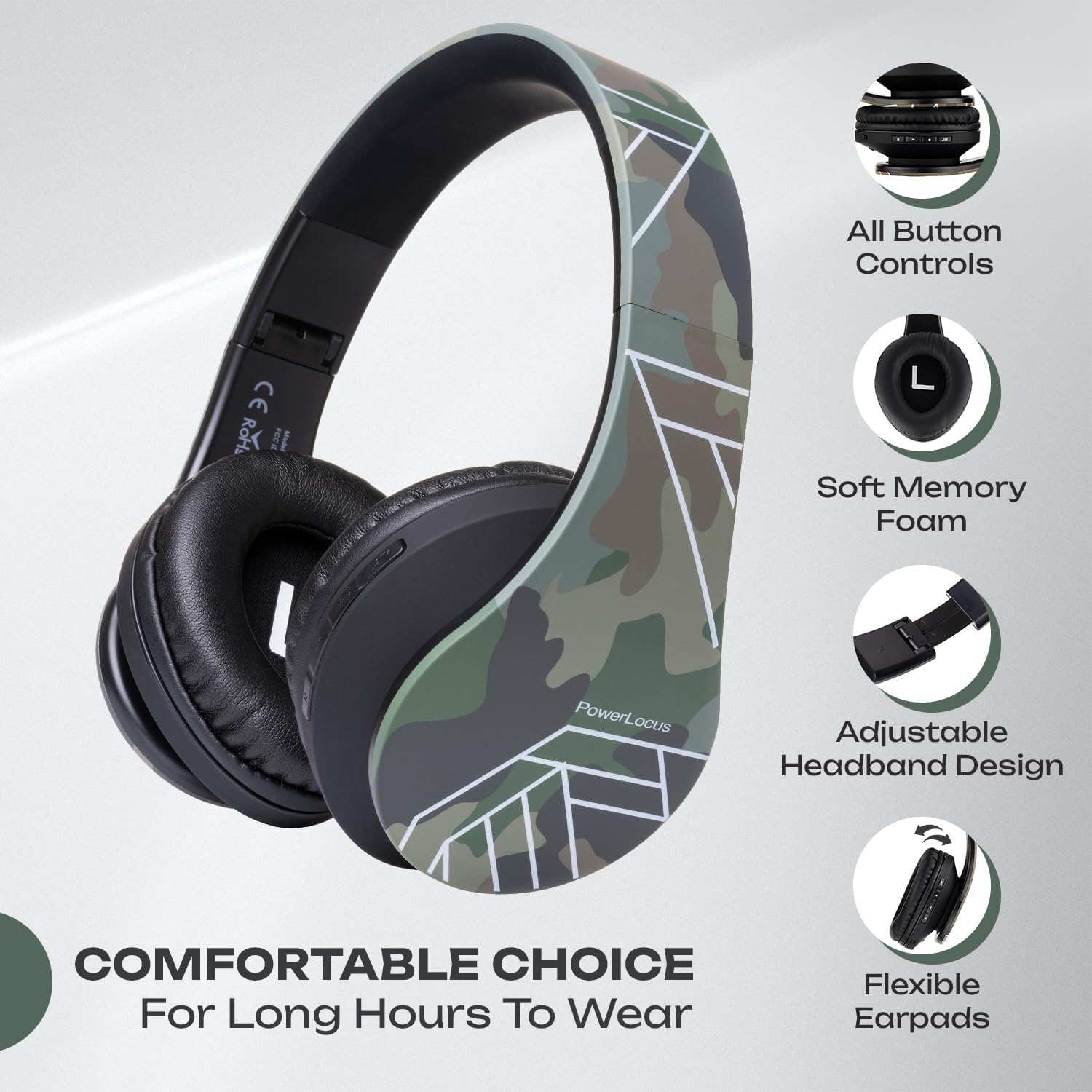 Bluetooth Over-Ear Headphones, Wireless Stereo Foldable Headphones Wireless and Wired Headsets , Micro SD/TF, FM for Phone/iPad/PC, Camouflage