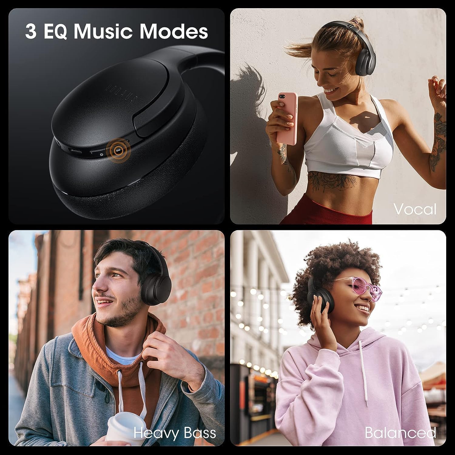 Wireless Headphones, Bluetooth Headphones and 3 EQ Modes Over Ear Headphones with Mic, HiFi Stereo Sound Foldable Wireless Headset for Phone, Black