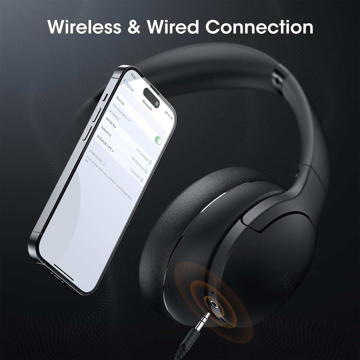 Wireless Headphones, Bluetooth Headphones and 3 EQ Modes Over Ear Headphones with Mic, HiFi Stereo Sound Foldable Wireless Headset for Phone, Black