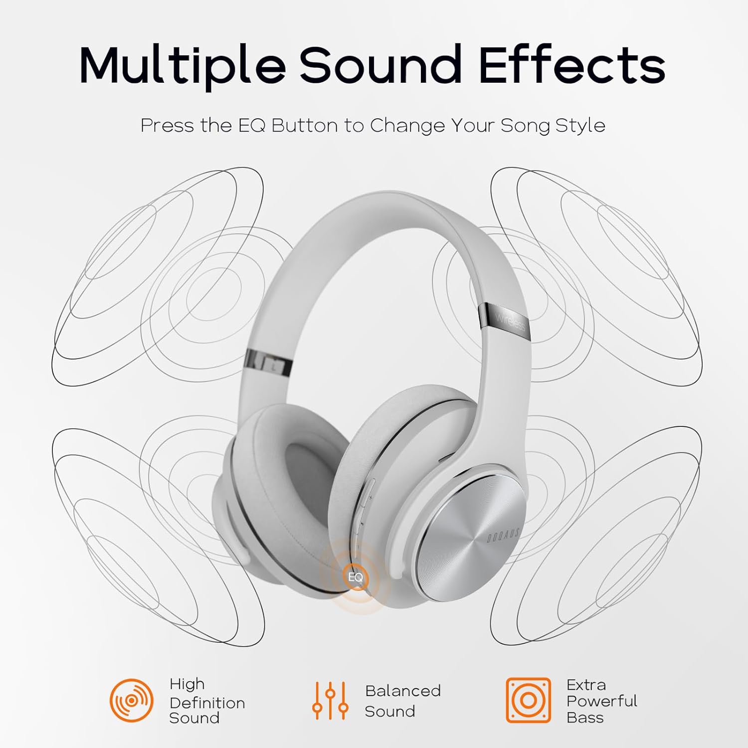 Écouteurs sans fil, écouteurs Bluetooth avec 3 modes d'égalisation, casques d'écoute stéréo haute-fidélité avec microphone pour iPhone/PC, gris pâle