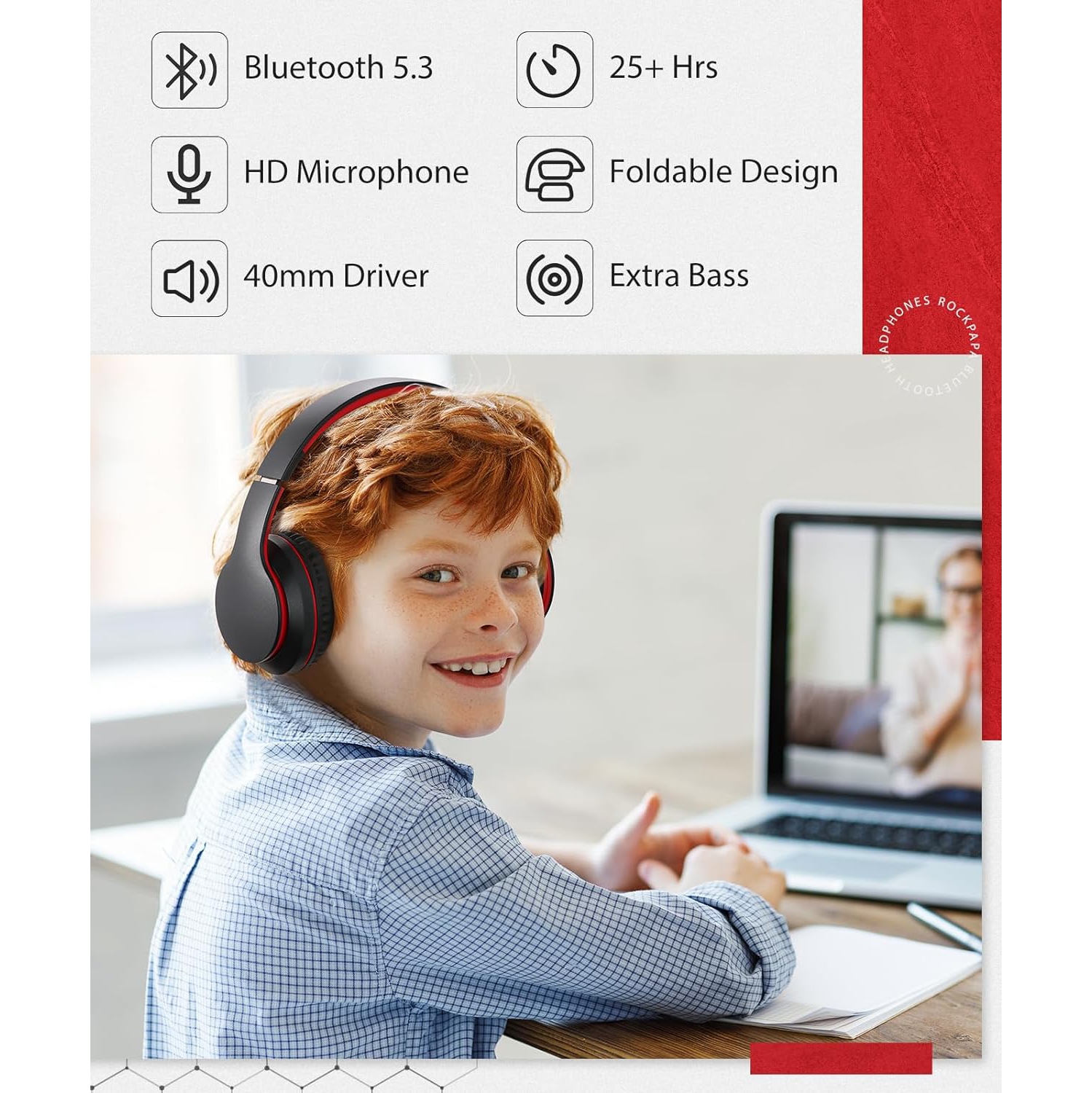 Bluetooth Headphones Over Ear, Wireless Headphones with HiFi Stereo & Microphone , Foldable Wireless Wired Headphones for Phone/PC/TV, Black Red