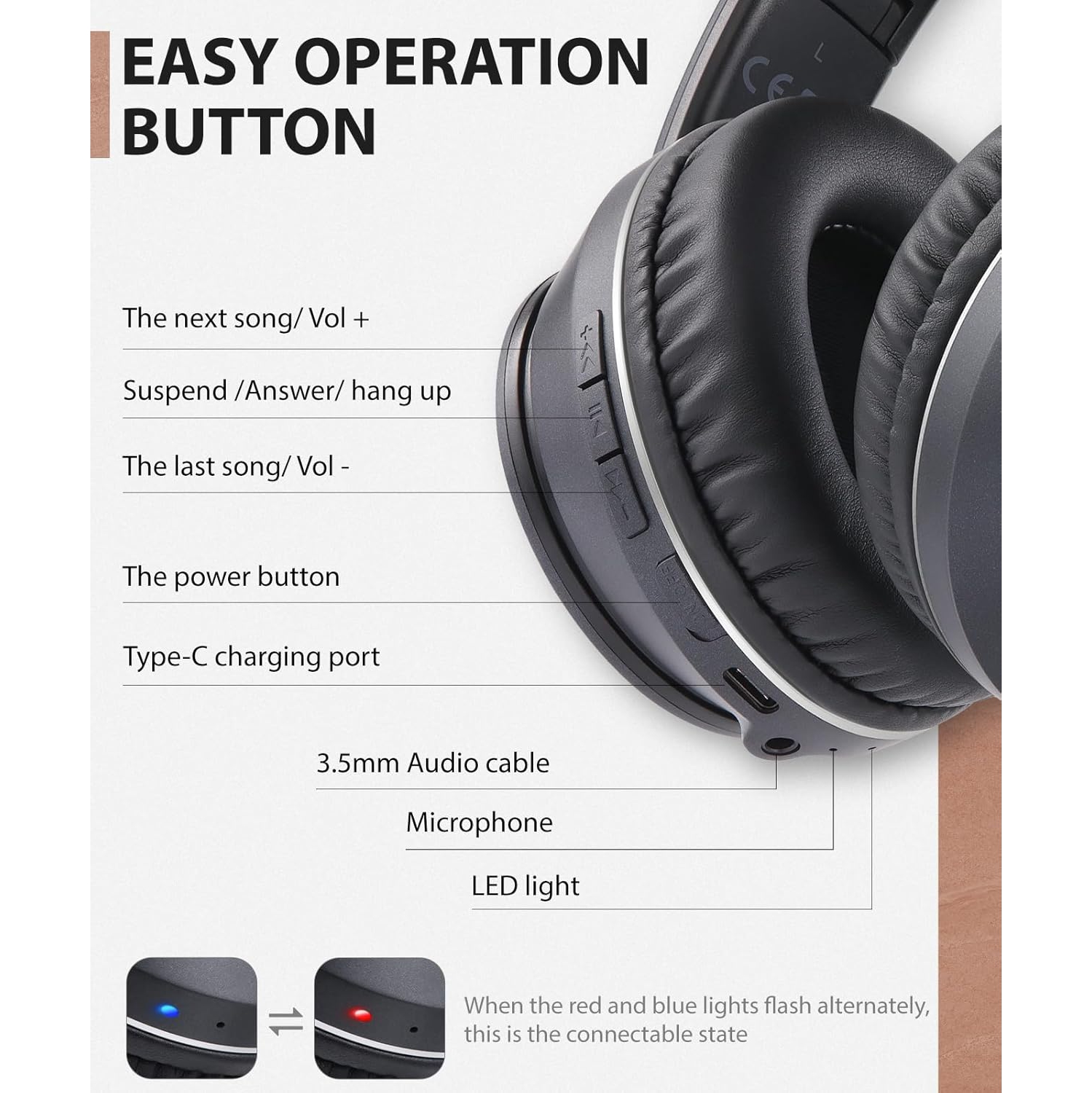 Bluetooth Headphones Over Ear, Wireless Headphones with HiFi Stereo & Microphone , Foldable Wireless Wired Headphones for Phone/PC/TV, Black