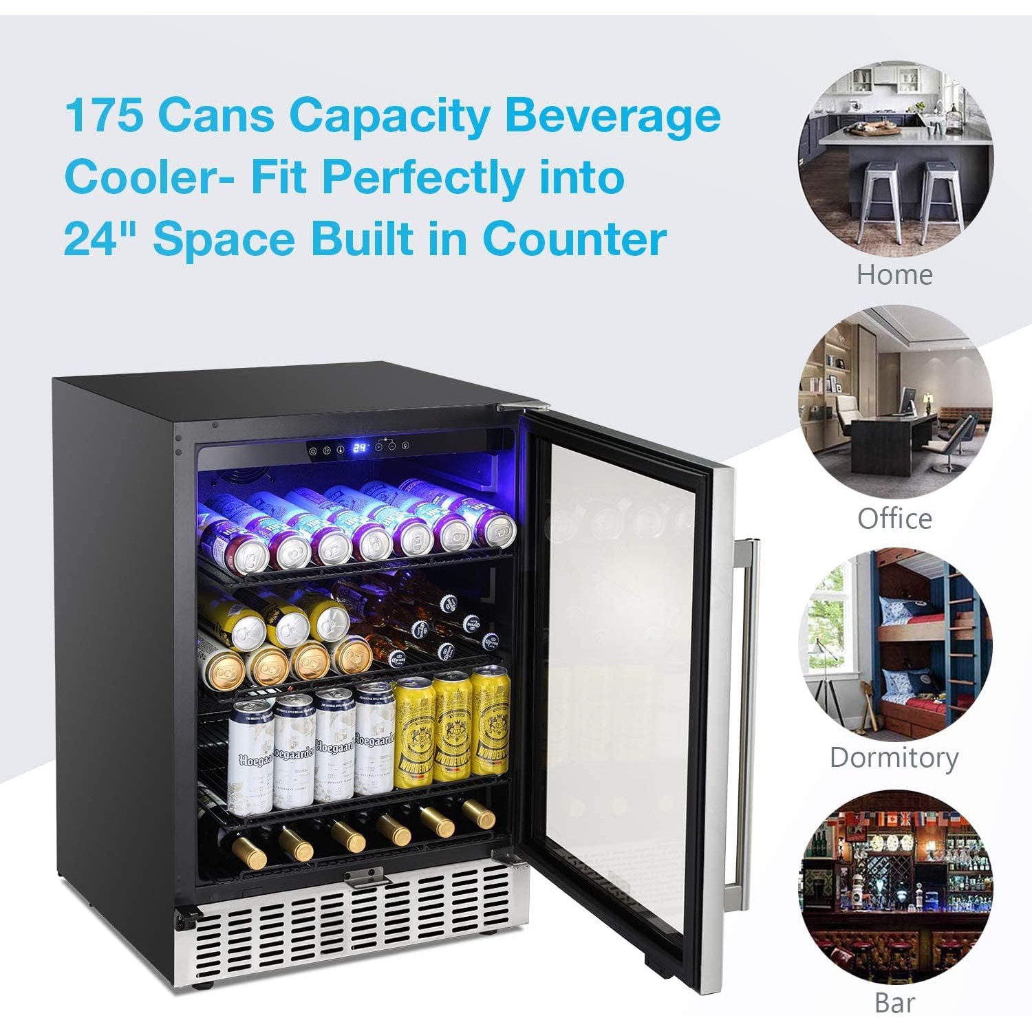 ZAFRO 24 Inch Beverage Refrigerator Under Counter Built-in Wine Cooler Mini Fridge Clear Glass Door Digital Memory Temperature Control, Beer Soda LED