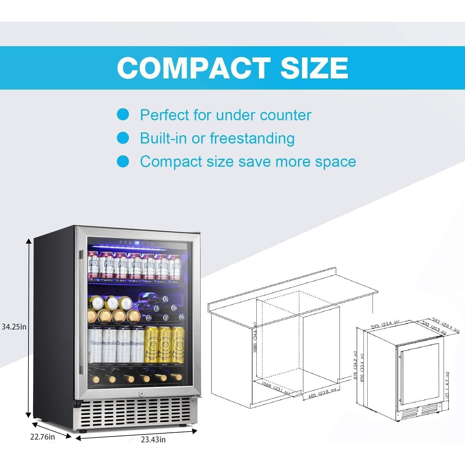 ZAFRO 24 Inch Beverage Refrigerator Under Counter Built-in Wine Cooler Mini Fridge Clear Glass Door Digital Memory Temperature Control, Beer Soda LED