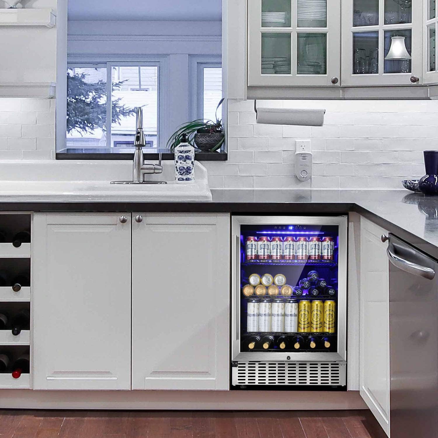 ZAFRO 24 Inch Beverage Refrigerator Under Counter Built-in Wine Cooler Mini Fridge Clear Glass Door Digital Memory Temperature Control, Beer Soda LED