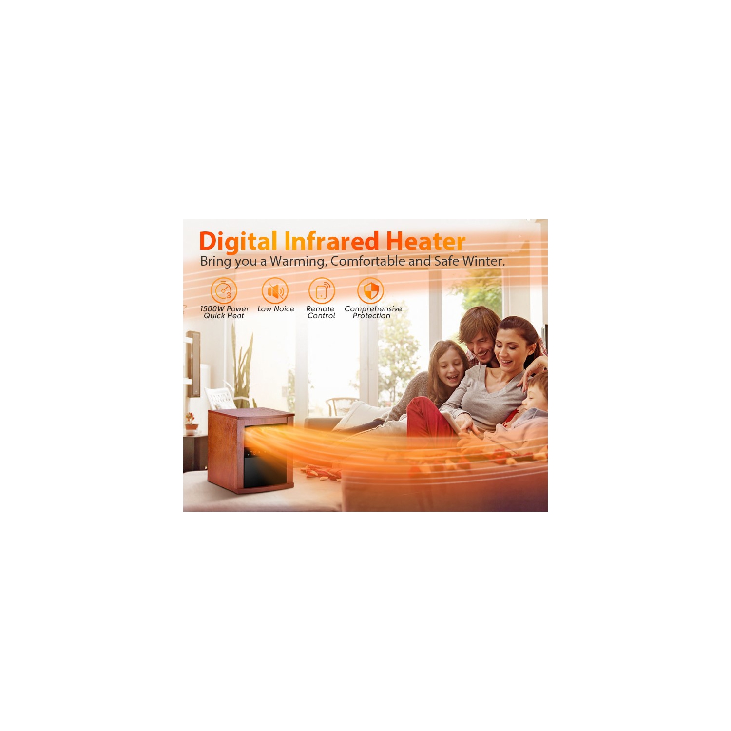 AirChoice 1500W Electric Infrared Walnut Wood Cabinet Space Heater with Remote, 3 Modes, Adjustable Thermostat, 12H Timer, Child Lock,